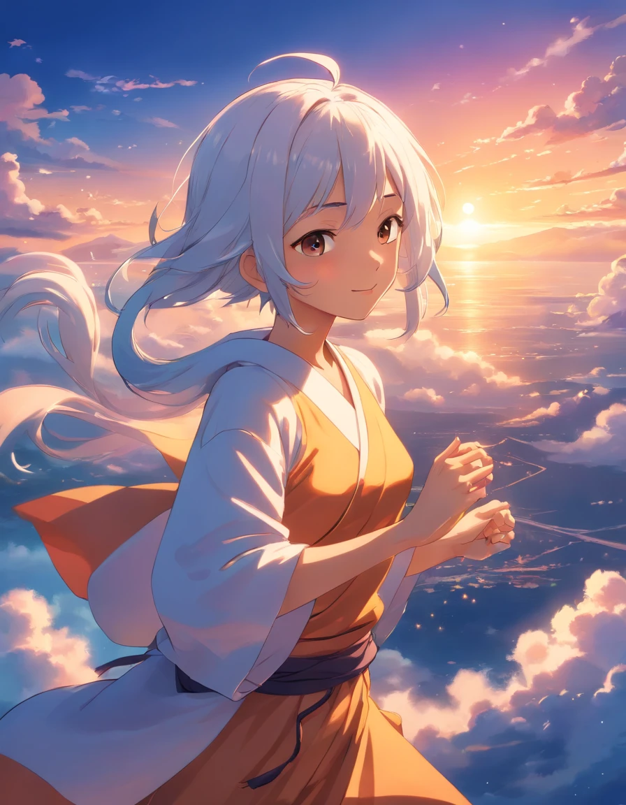 masterpiece, best quality, movie still, 1older woman, cloud woman, floating in the sky, bright, happy, warm soft lighting, sunset, white hair, dark skin, dark skin woman, brown skin, fantasy, tattoo, arm tattoo, arm sleeve tattoo, smirk, monk, fantasy clothes