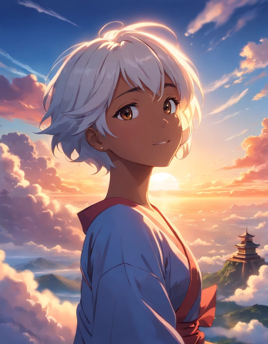 masterpiece, best quality, movie still, 1older woman, cloud woman, floating in the sky, bright, happy, warm soft lighting, sunset, white hair, dark skin, dark skin woman, brown skin, fantasy, tattoo, arm tattoo, arm sleeve tattoo, smirk, monk, fantasy clothes