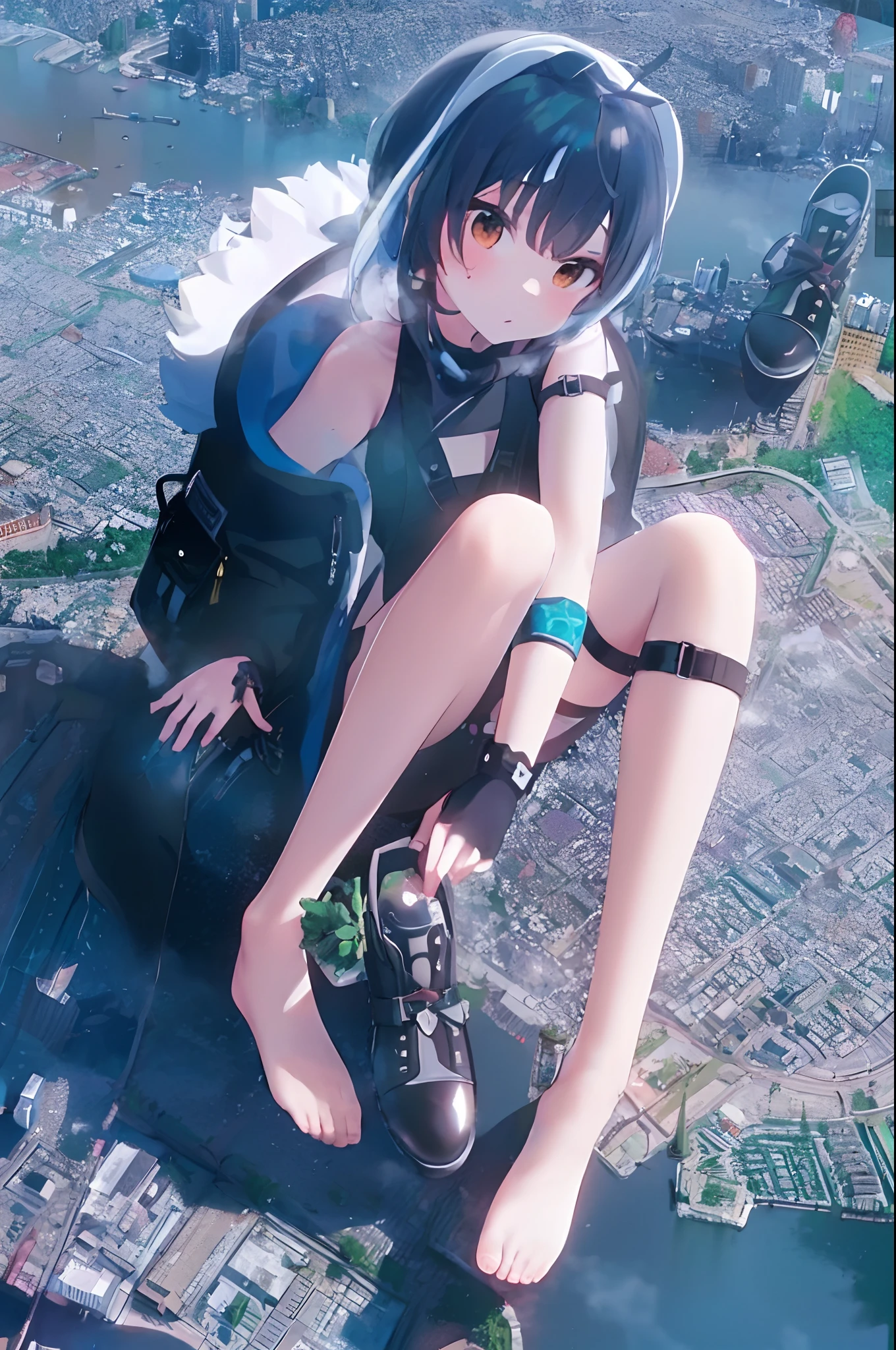 ,Clouds, view over city, mountain ranges, Masterpiece, Best quality, Highly detailed,Masterpiece,Best quality,offcial art,Extremely detailed Cg Unity 8K wallpaper,{{{Giantess}}},Giant,1girll,modern miniature city,A cold expression,One hand holding a shoe,Located in a modern miniature city ,Contact viewers,The feet emit steam,Smash the city,