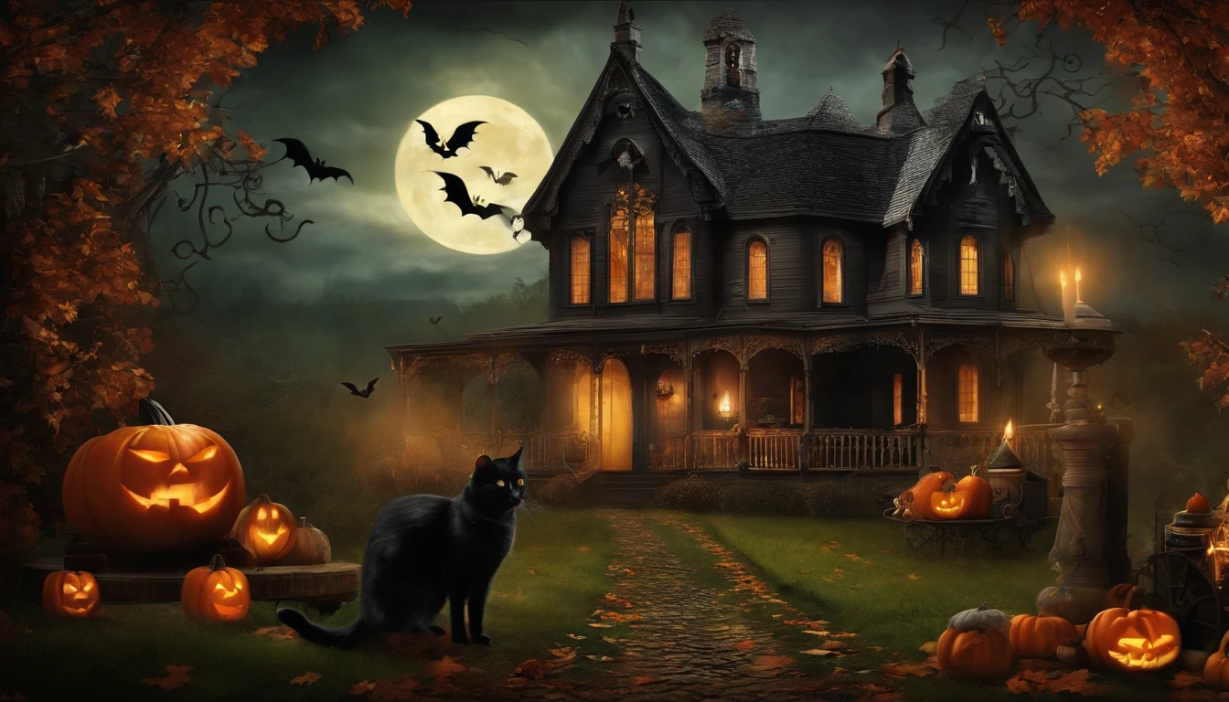 Wall art design halloween home with witches and cats, dark gotic vintage style