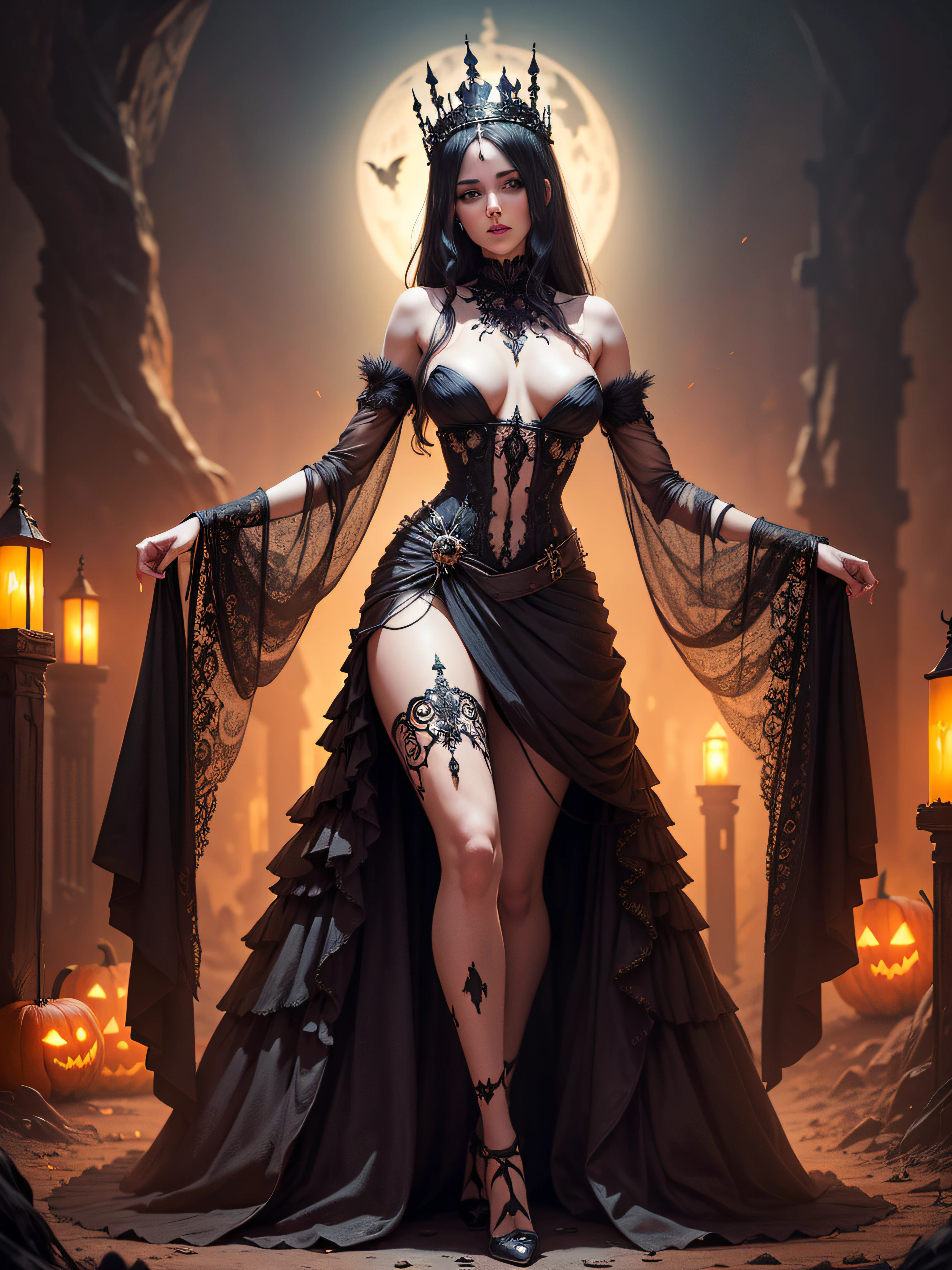 Landscape full body queen without clothes of the dead, Halloween palace in the valley, theme Halloween spectacular intricate detailed, surreal