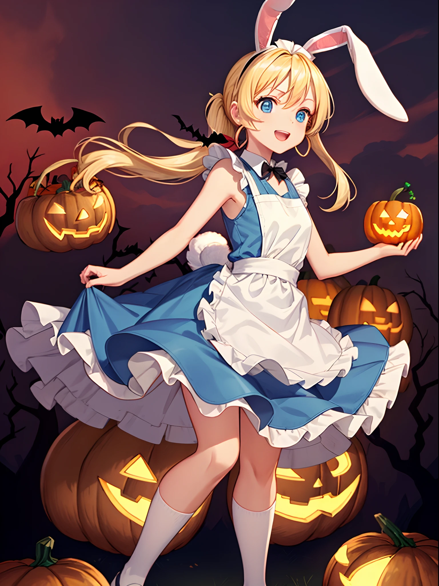 (masutepiece, Best Quality, 8K:1.37), Solo、Female 1、On stage、sings、Happy face、((Sing with a magic wand:1.3))、(Singing while holding a little rabbit:1.2)、((alice liddell, Blue Dress, White Apron, black hairband, White long socks,:1.3))、(Sleeveless)、((a blond、double ponytails、Rabbit ears:1.5))、Shyness、uses magic、Rabbit ears、Idol、Twinkle,(Anime, tone mapped:1.2),Light blue eyes, 、Sleeveless、 closes mouth, hoop earrings, Jewelry, Looking at Viewer, Upper body, (symmetric), (exceptional, Best aesthetic, new, newest, Extremely detailed:1.2), On a dark night,With intensely seductive blue eyes, Best Bust、Valley、Happiness、A slender、hiquality、Beautiful Art、Background with((Red sky、Halloween at night、the bats、pumpkins,Nightmare))、masutepiece、Elaborate design、visualart,Anime visuals of cute girls, anime wallaper, anime style 4 k, trick or treat, Halloween, jack-o-lanterns,
