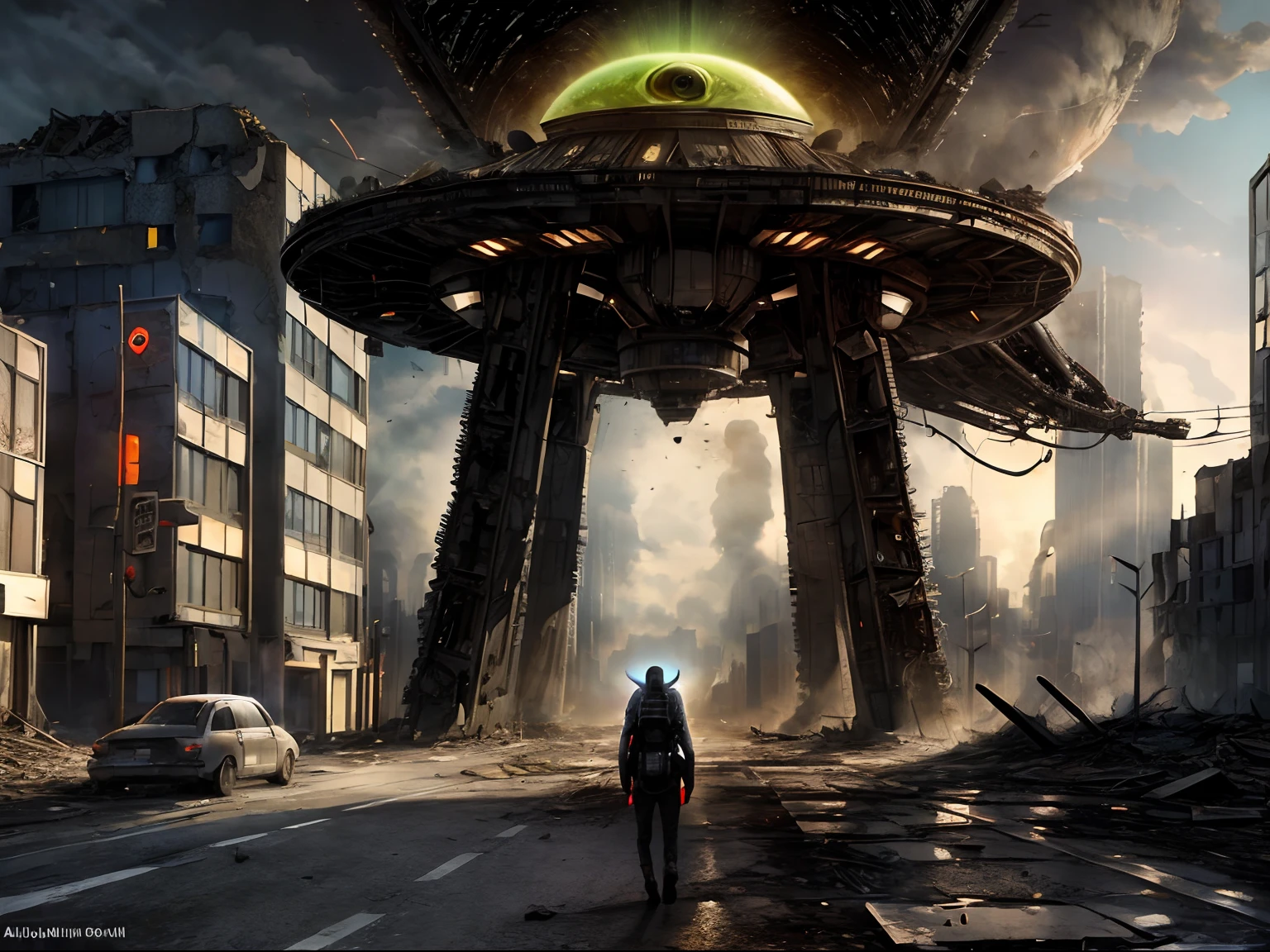 ((Masterpiece)), (Detailed), Doomsday City,(Armageddon)，Dilapidated city，Dilapidated streets, (mirai:1.1),Devastated city,Desolate streets, (alien creatures:1.5),Mechanical design,Alien technology,Attack the city from the air，A huge fireball fell from the sky,crumbling buildings,Smoke billowed out,Terrible storm,tendrils,terroral, (city ruins:1.2), nightmarish, It's terrible, Powerful, Complexity, dystopian, disrupt, illuminations,