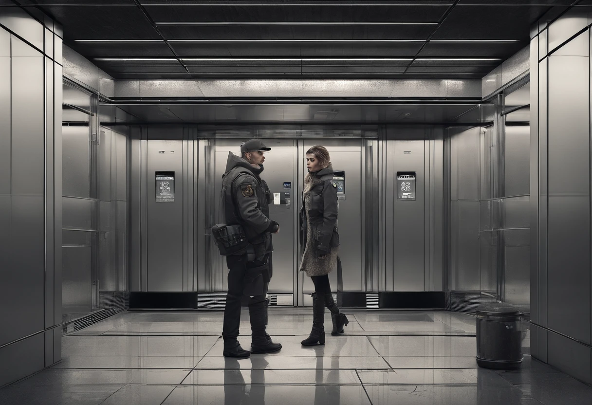 arafed man and woman standing in an elevator talking, a stock photo by Emanuel Witz, pexels, renaissance, in an elevator, group of people in an elevator, looking at each other mindlessly, dark people discussing, 😭🤮 💔, emotional conflict, arguing, elevator, stock photo, motivational, thought provoking, male and female