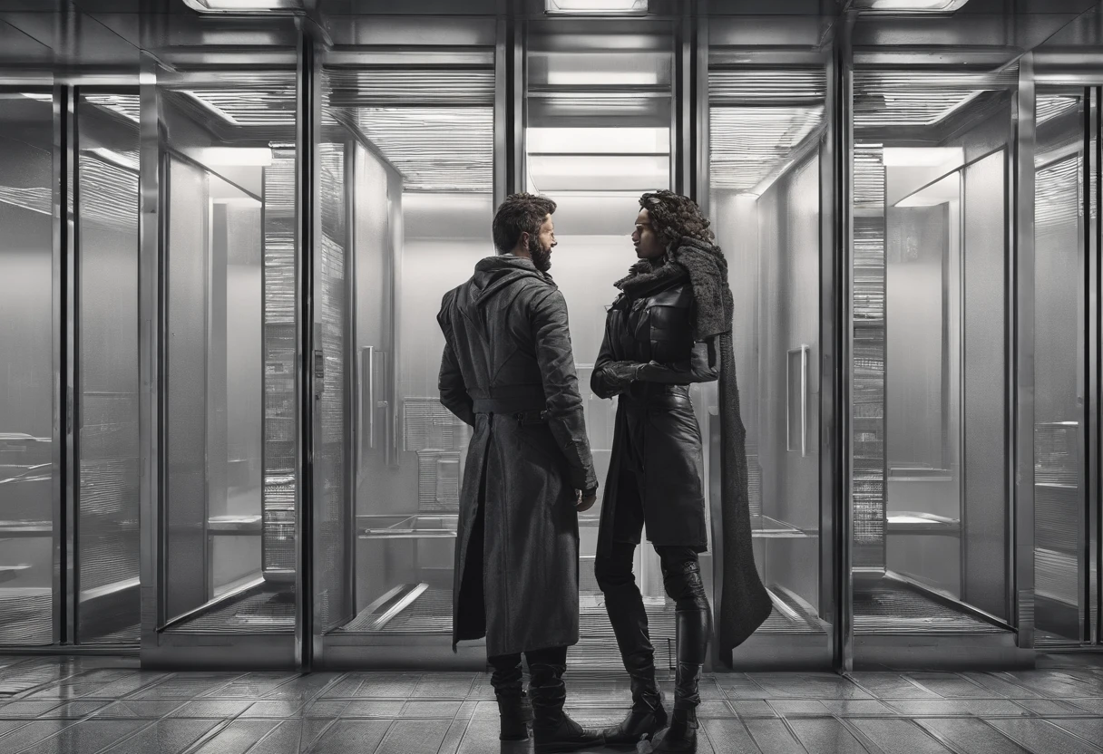 arafed man and woman standing in an elevator talking, a stock photo by Emanuel Witz, pexels, renaissance, in an elevator, group of people in an elevator, looking at each other mindlessly, dark people discussing, 😭🤮 💔, emotional conflict, arguing, elevator, stock photo, motivational, thought provoking, male and female