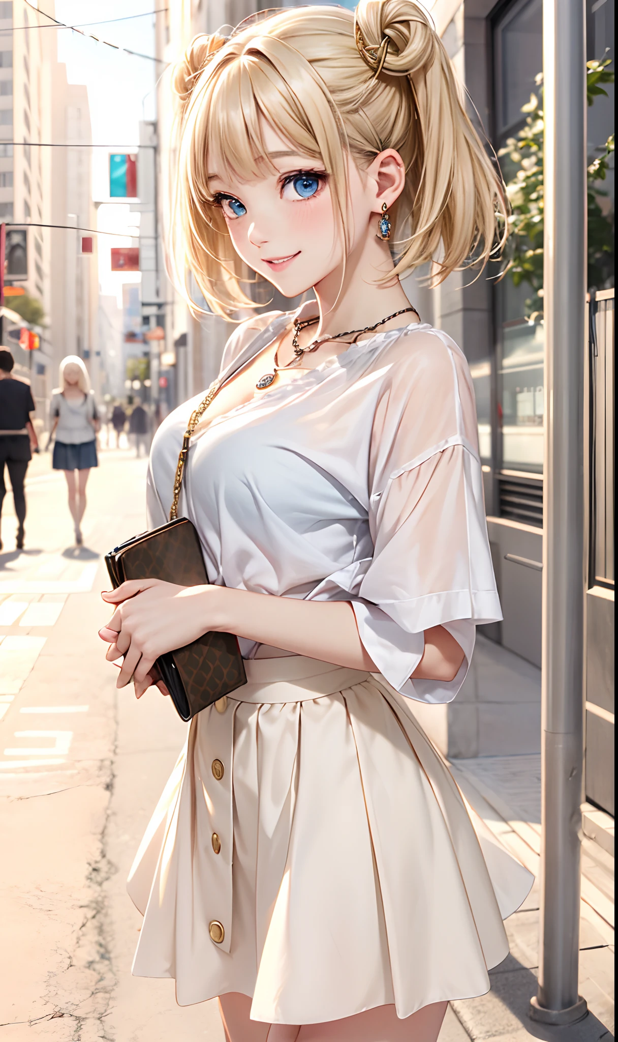 absurderes, ultra-detailliert,bright colour, extremely beautiful detailed anime face and eyes, (独奏:1.6),(Short snappy bangs short twin-tailed blonde hair:1.4), Shiny hair, Delicate beautiful face, red blush,(Deep Blue Eyes:1.4 ) White skin, hair clips, earrings, a necklace,(Gucci Shirt:1.3),(Barbary skirt:1.3) (nightcity:1.3),Bustling street、Happy smile:1.5)