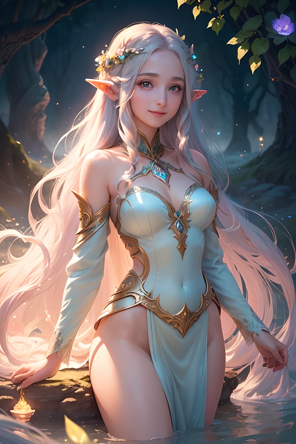 (a girl with flowing hair,elven features,sparkling eyes and radiant smile),(ethereal and mystical),(a celestial realm with floating islands and glowing flora),(best quality,ultra-detailed),(fantasy),(soft and pastel colors),(soft lighting)