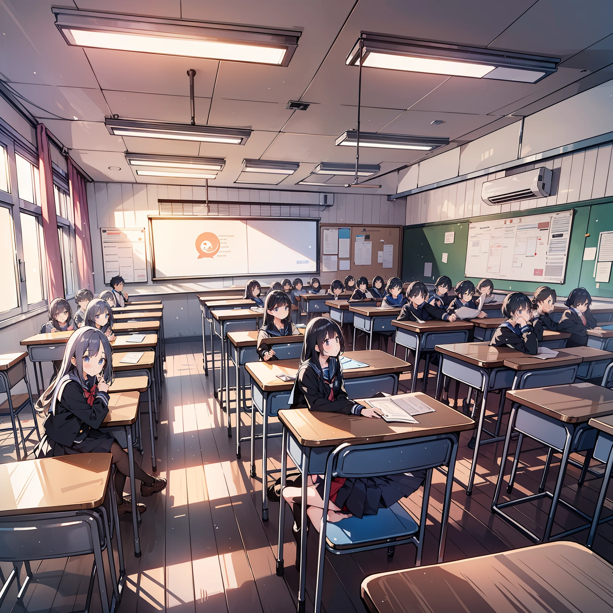 Many students in school uniforms sat in classrooms at the school, pointing at the camera with shocked expressions（Surprise 1.5）（A sea of people 1.5）（The background is in a classroom at school：1.5），Anime style 4K，Anime rendering，style of anime，8K fineness，（Upper body display：1.5）（Cinematic lighting：1.5）