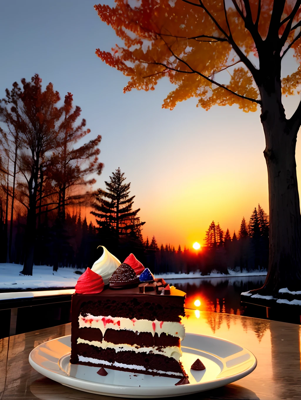 A three-layer chocolate cake whose colors vary from the inside, small pieces of chocolate fall on it during sunset near the trees