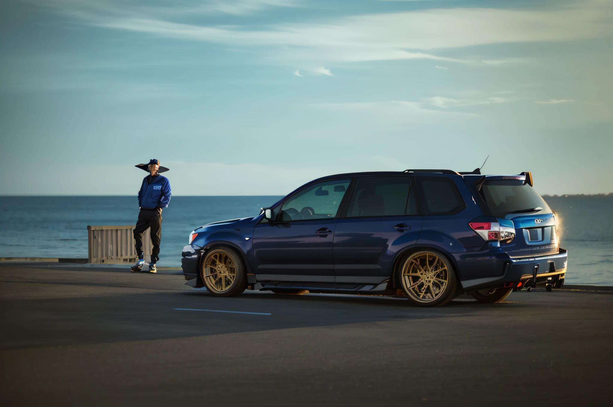 Arafard Blue Subaru Forester on the pier，A man stands in the background, epic stance, shot at golden hour, Wide body, vehicle photography, perfectly poised, Subaru Forester, Silvertone, tuning, automotive photography, taken at golden hour, automotive photography, angled, skewed shot, in front of a garage, profile shot, Low Dutch angle