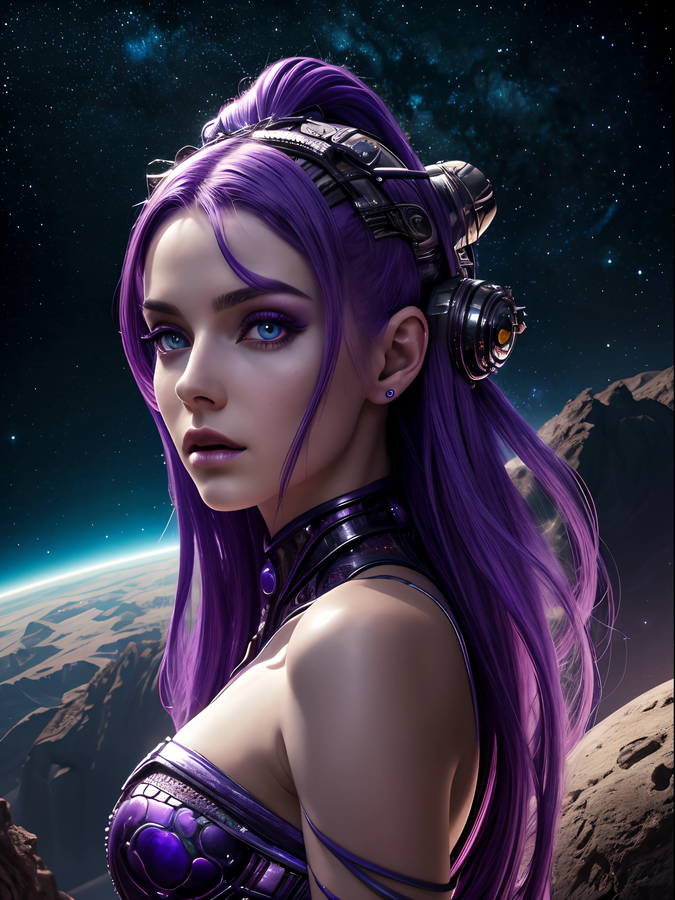 Masterpiece, RAW photo, hyper photorealistic, Beautiful alien girl with a lot of purple hair, on a far fantastic planet, cosmic landscape, cute sexy, highly detailed, fantasy aura, by rutkowski, hdr, intricate details, hyperdetailed, cinematic, depth of field, rim light