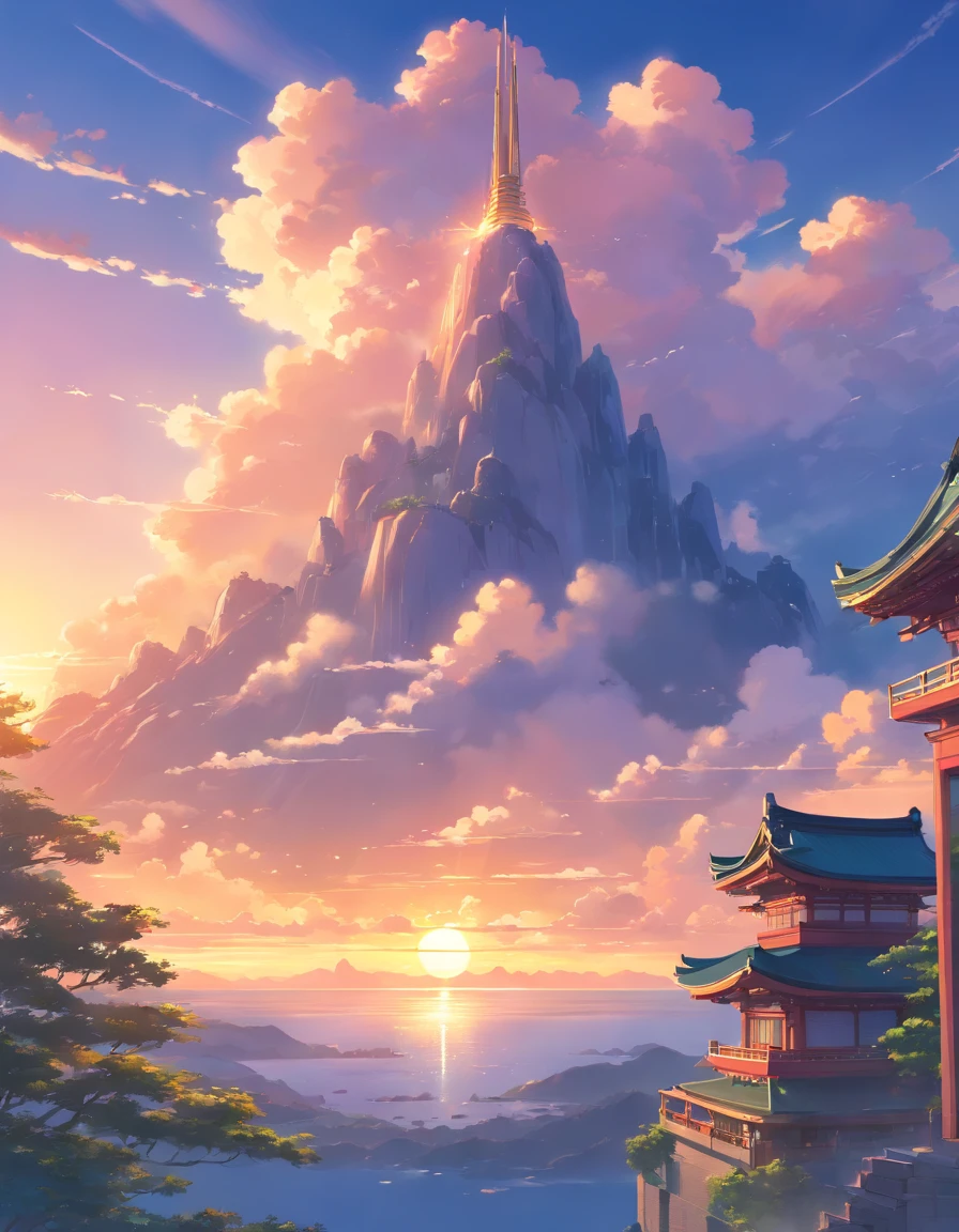 masterpiece, best quality, movie still, clouds, bright, happy, warm soft lighting, sunset, fantasy, temple