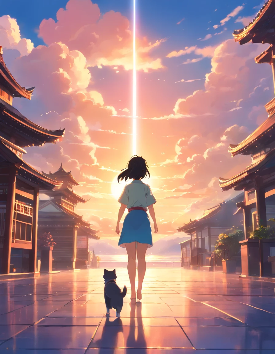 masterpiece, best quality, movie still, clouds, bright, happy, warm soft lighting, sunset, fantasy, temple