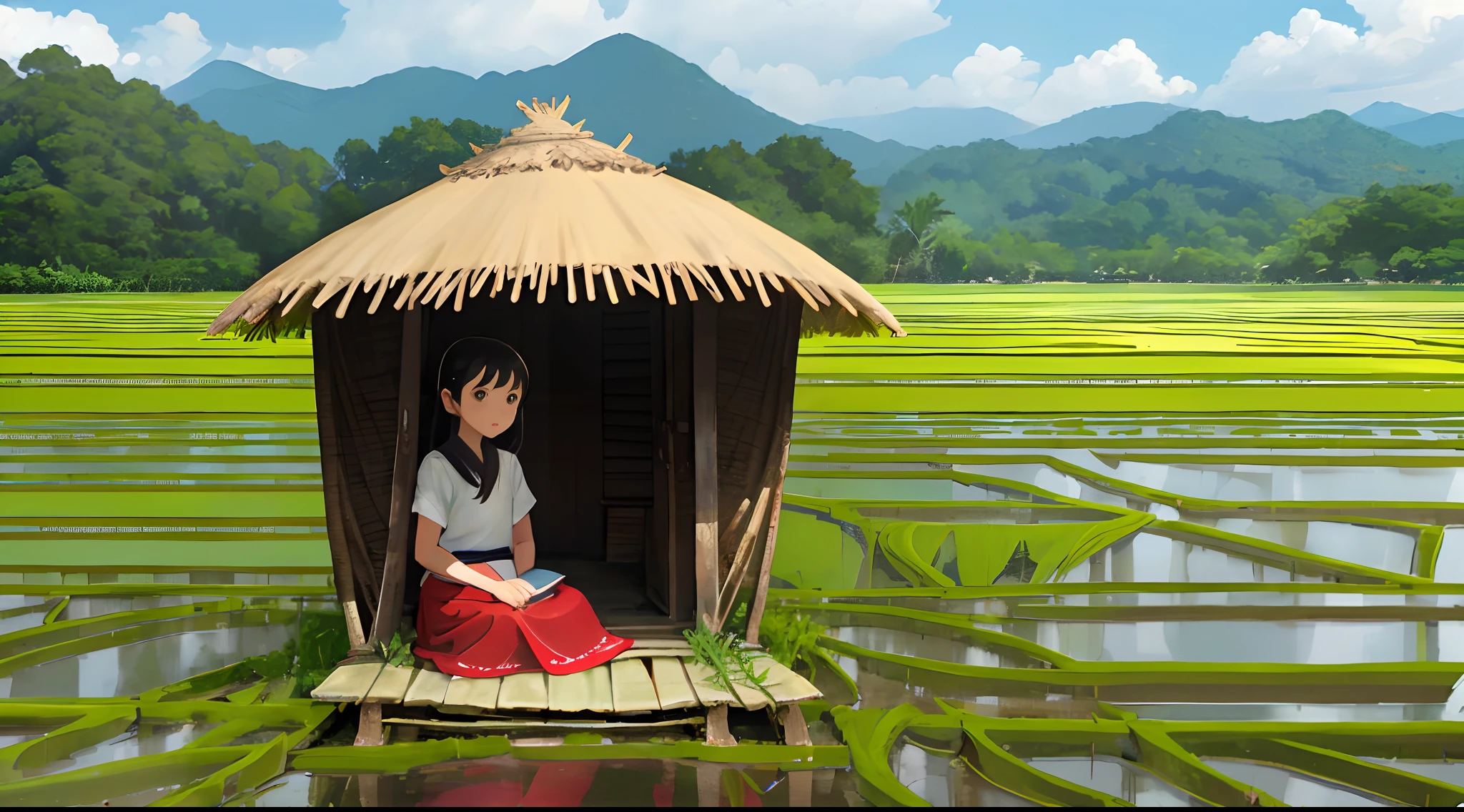 Thai girl sitting in a rice field hut