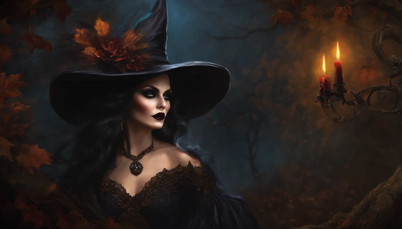 Art paint dark gotic witch of halloween, vintage style