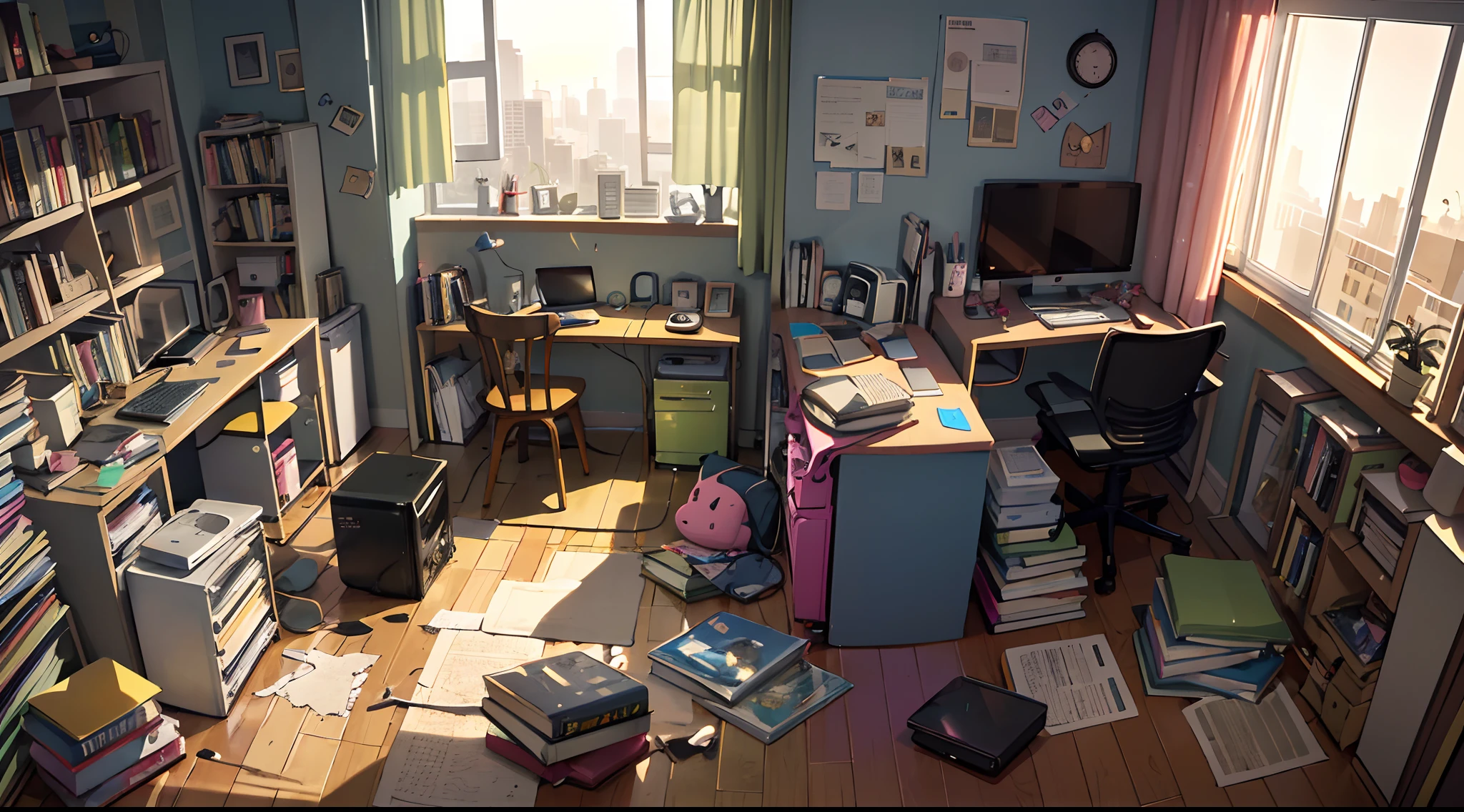 A teenager's room, messy, with books scattered on the floor, computer, stereo, window with sunset, cartoon style --auto --s2