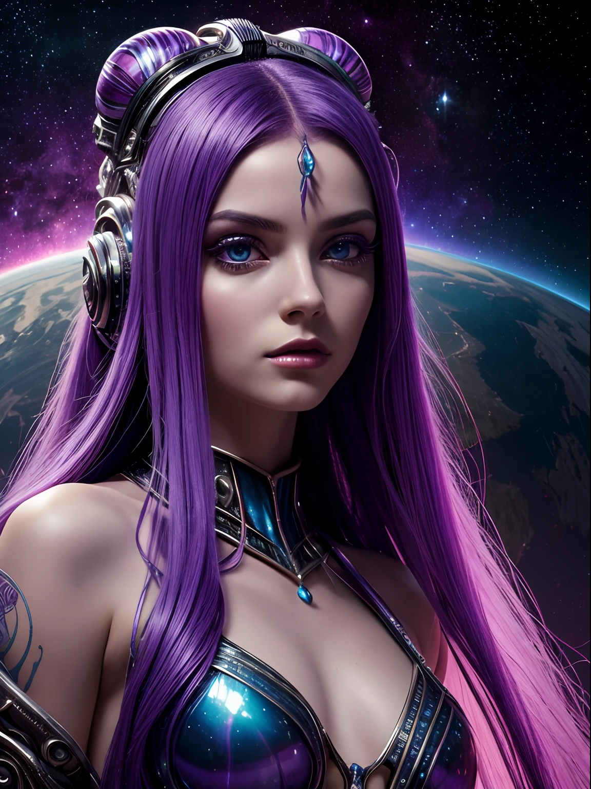 Masterpiece, RAW photo, hyper photorealistic, Beautiful alien girl with a lot of purple hair, on a far fantastic planet, cosmic landscape, cute sexy, highly detailed, fantasy aura, by rutkowski, hdr, intricate details, hyperdetailed, cinematic, depth of field, rim light