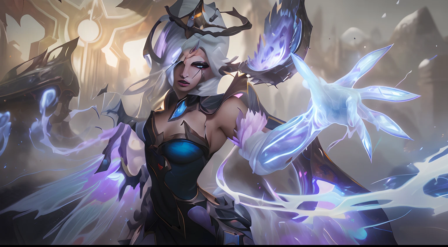 there is a woman in a dress holding a sword and a sword, orianna, official splash art, leblanc, irelia, splash art, qiyana, league of legends character art, league of legends splash art, zenra taliyah, league of legends character, samira from league of legends, wallpaper splash art promo art, iconic character splash art