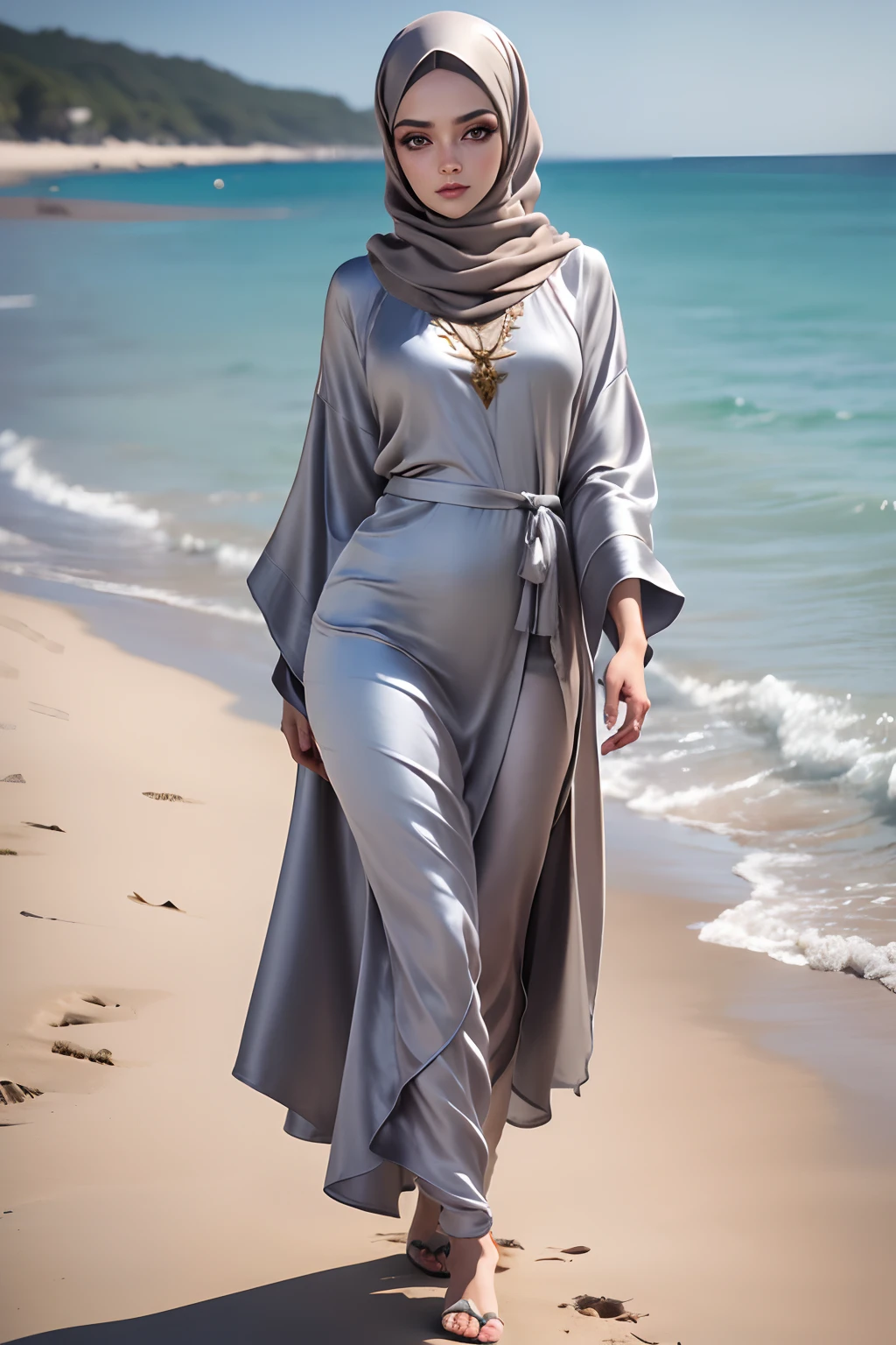 3DMM, ((Masterpiece, best quality, photography, detailed skin, realistic, photo-realistic, 8k, highly detailed, full length frame, High detail RAW color art, diffused soft lighting, shallow depth of field, sharp focus, hyperrealism, cinematic lighting, hijab, a woman in a beautifully makeup, smokey eyeshadow, beautiful big eyes, long eye lashes, wearing (Gray satin hijab), loosely tide hijab style, ((Taupe satin kaftan)), walking on the beach