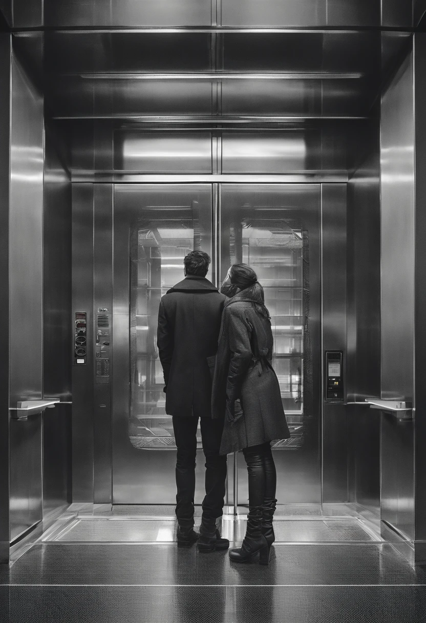 arafed man and woman standing in an elevator talking, a stock photo by Emanuel Witz, pexels, renaissance, in an elevator, group of people in an elevator, looking at each other mindlessly, dark people discussing, 😭🤮 💔, emotional conflict, arguing, elevator, stock photo, motivational, thought provoking, male and female