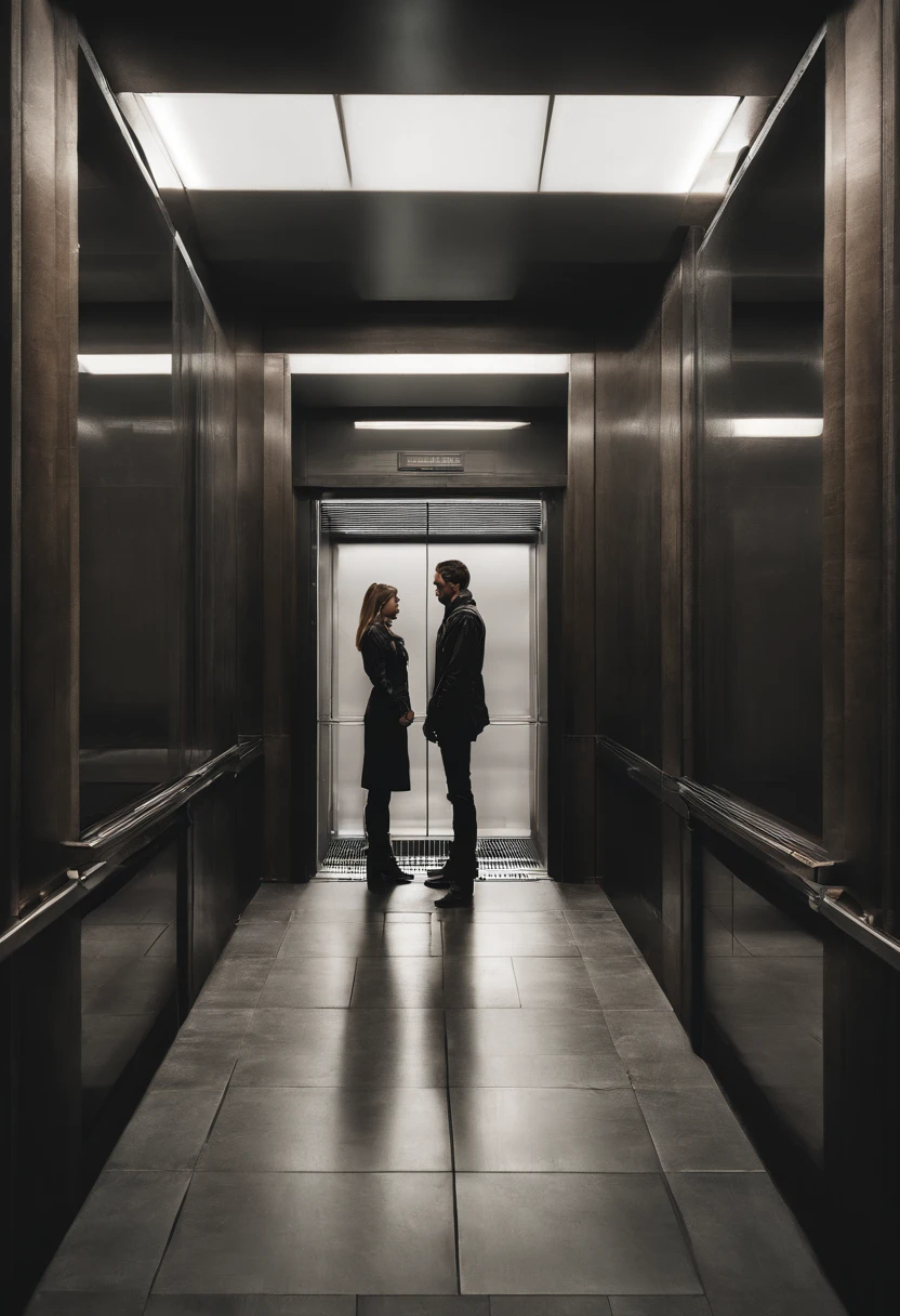 arafed man and woman standing in an elevator talking, a stock photo by Emanuel Witz, pexels, renaissance, in an elevator, group of people in an elevator, looking at each other mindlessly, dark people discussing, 😭🤮 💔, emotional conflict, arguing, elevator, stock photo, motivational, thought provoking, male and female