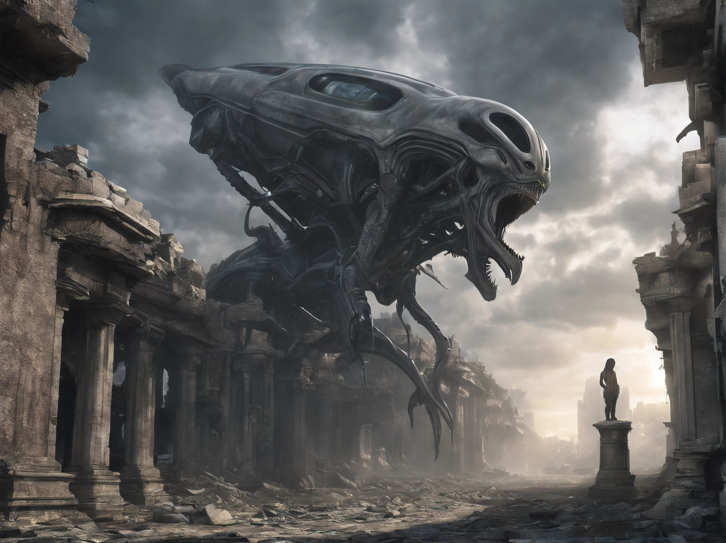 ((Masterpiece)), (Detailed), Doomsday City,(Armageddon),Dilapidated city,Dilapidated streets, (mirai:1.1),Devastated city,Desolate streets, (Alien creatures stand on the ruins of the city:1.5),Mechanical design,Alien technology,with light glowing,Mechanicalweapon,A huge fireball fell from the sky,crumbling buildings,Smoke billowed out,Terrible storm,tendrils,terroral, (city ruins:1.2), nightmarish, It's terrible, Powerful, Complexity, dystopian, disrupt, illuminations,