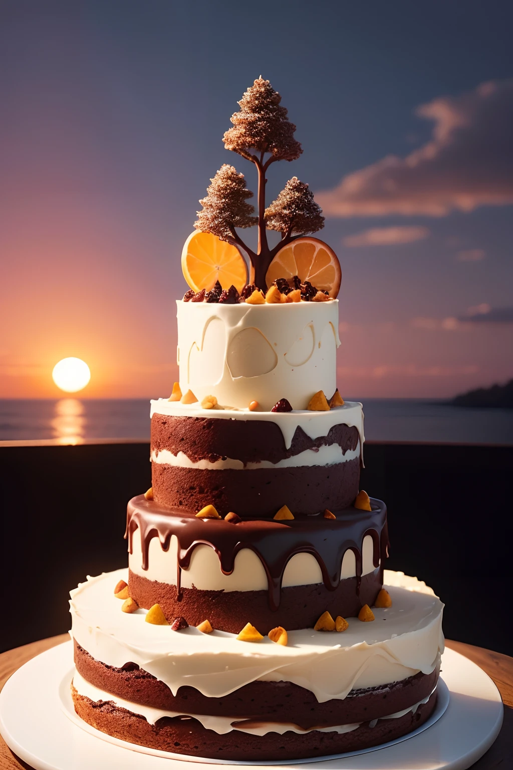 A three-layer chocolate cake with dried fruit on the inside these layers on the inside have different colors near a tree on which small pieces of chocolate fall into the atmosphere of the sunset . on the outside of this cake there is a beige sugar paste with a simple design that looks delicious and attractive