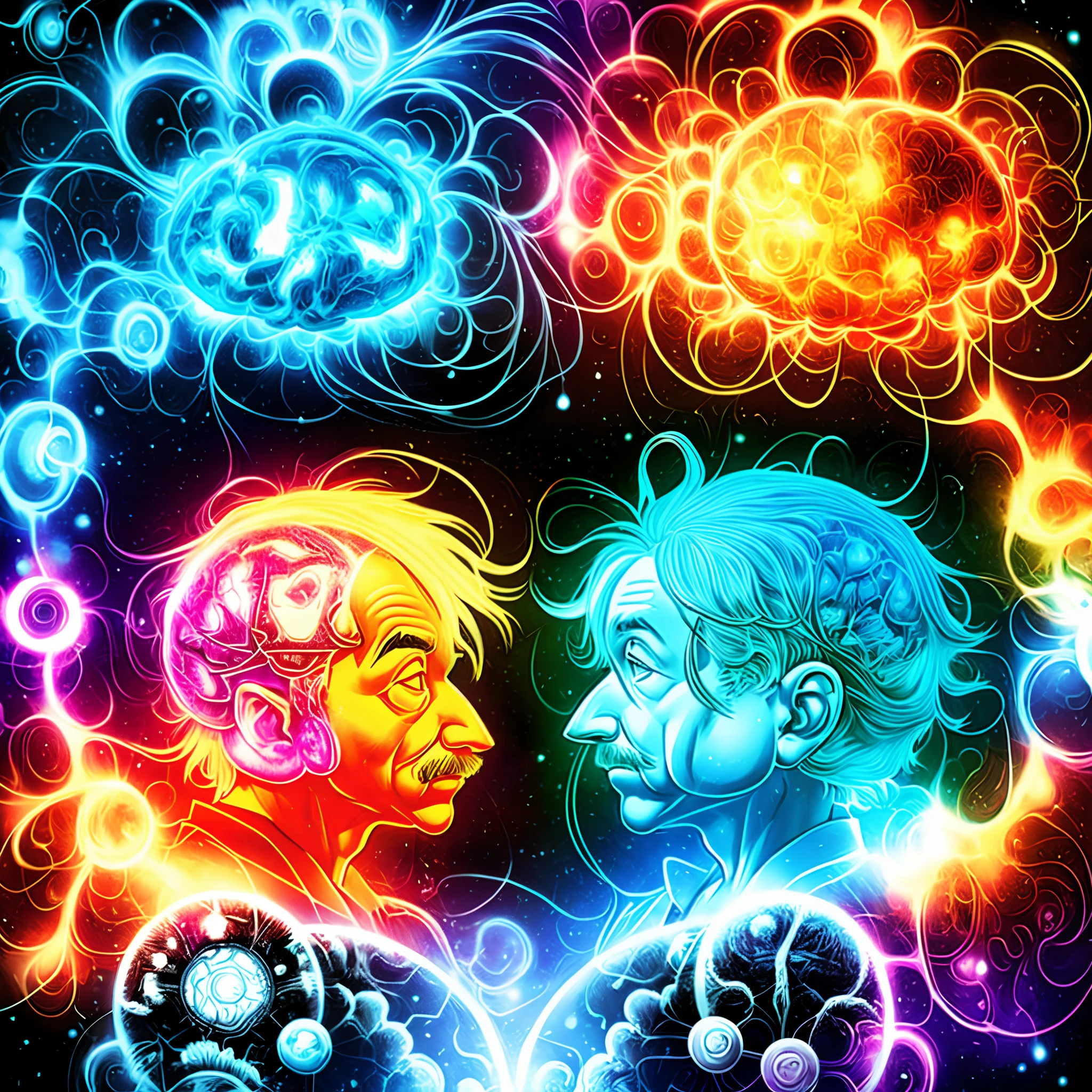 Score of a Albert Einstein piece next to a stylized brain, colorful .