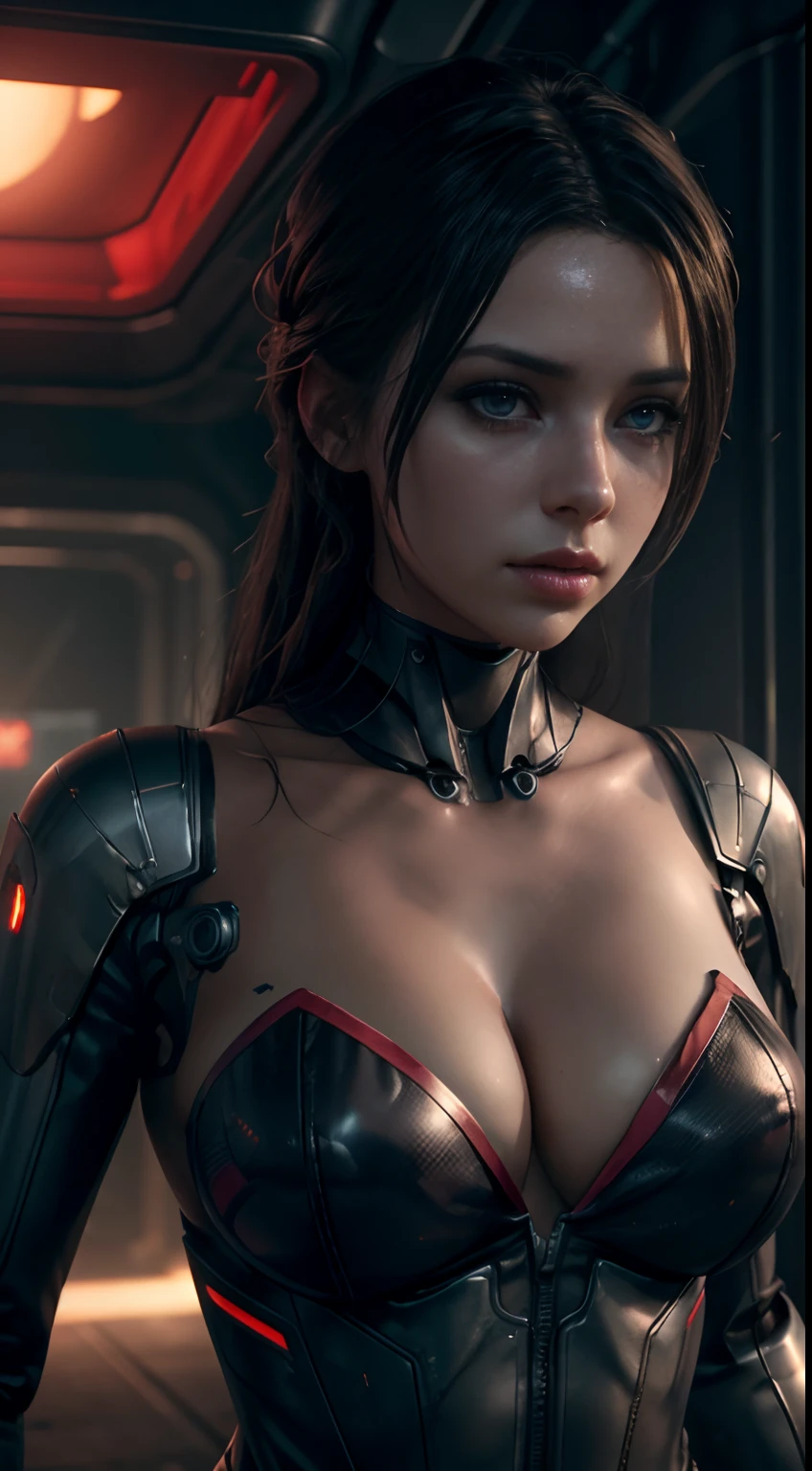 Scary robot babe girl with cleavage breasts, clothless, beautiful woman in the style of joel ross, photorealistic, cinematic lighting, cinematic composition, 8k, octane render, 8k, high quality