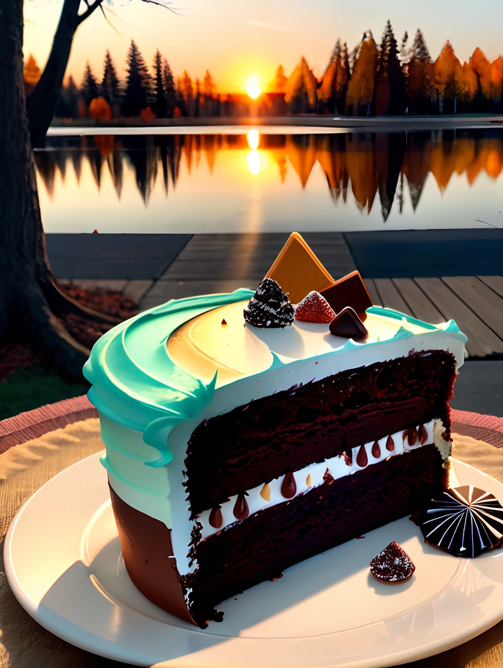 A three-layer chocolate cake whose colors vary from the inside, small pieces of chocolate fall on it during sunset near the trees