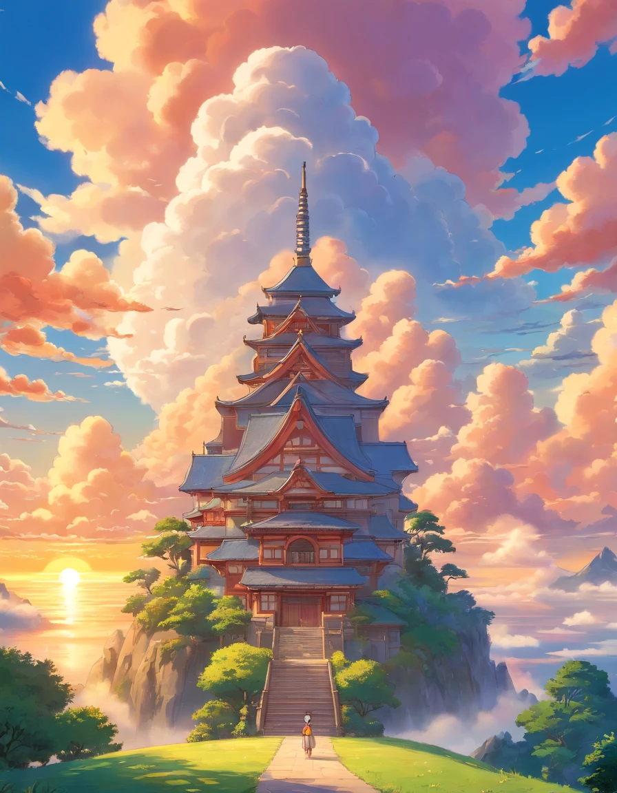 masterpiece, best quality, movie still, clouds, bright, happy, warm soft lighting, sunset, fantasy, temple