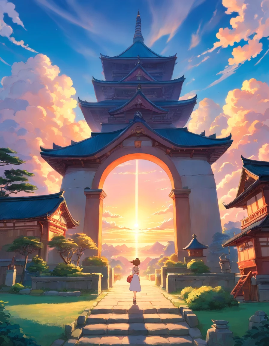 masterpiece, best quality, movie still, clouds, bright, happy, warm soft lighting, sunset, fantasy, temple