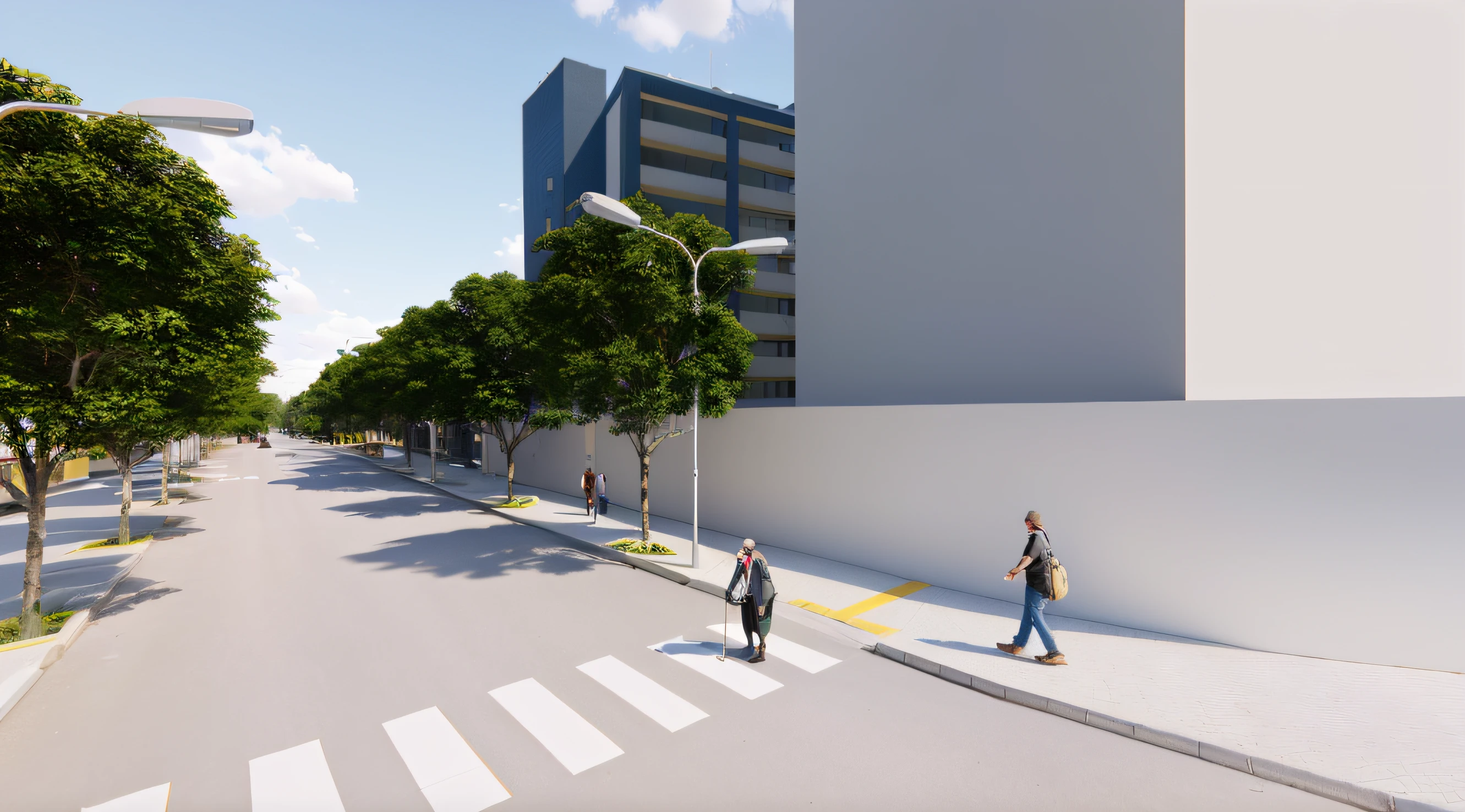 rendering of a street with people and wheelchair users walking on it and a building in the background, street level view, Arruamento fotorrealista, renderizado, renderizar 3 d, 3D rendering, 3D-rendering, artistic impression, low angle dimetric rendering, vista para o topo da rua, conceito realista, perspectiva da rua, artist impression, Rua inclinada, realism rendering, realista'', 3 d renders