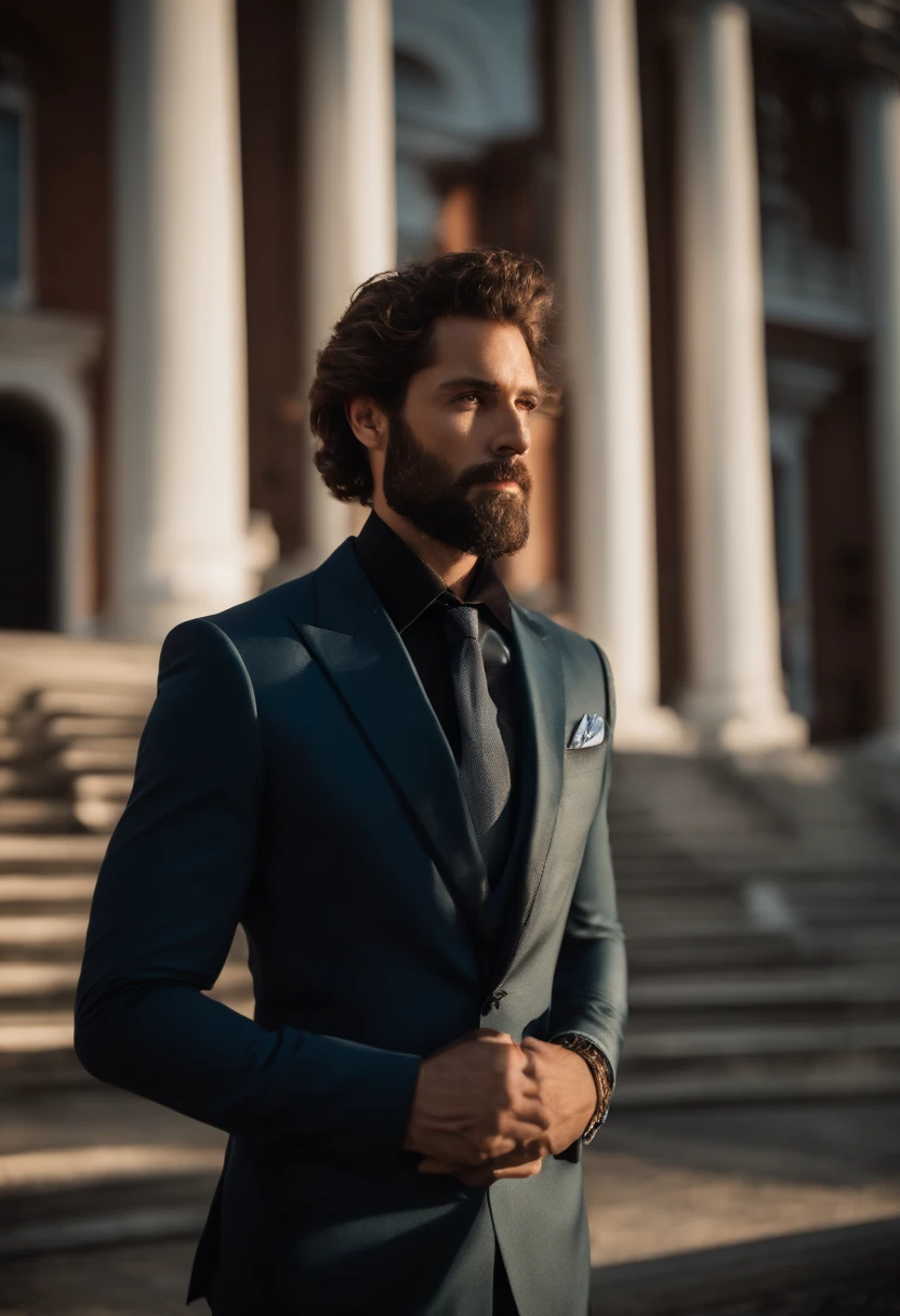 corps entier, Realistic wide-angle photo of a handsome man's body, photo realist, Grand, en forme, 3 piece suit (30 ans:1.1), (barbe normal:1.2), (cheveux bruns courts :1.5),(cheveux courts:1.6). Bodycon suit in dark blue:1.3). (posing outside a mansion), Cold and dark sunset at dusk, (Edge Light:1.1),(Concentrez-vous sur les yeux bleu), (Regard fier), (hard light on the skin:1.2), (ombres dures, dark themed, Contraste profond:1.1), Dark mint theme and choral aesthetics, (skin imperfections)