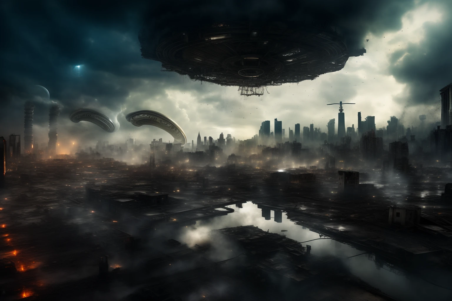 ((Masterpiece)), (Detailed), Doomsday City,(Armageddon)，Dilapidated city，Dilapidated streets, (mirai:1.1),Devastated city,Desolate streets, (Alien biomachinery:1.5),Mechanical design,Alien technology,with light glowing,Mechanicalweapon,A huge fireball fell from the sky,crumbling buildings,Smoke billowed out,Terrible storm,tendrils,terroral, (city ruins:1.2), nightmarish, It's terrible, Powerful, Complexity, dystopian, disrupt, illuminations,