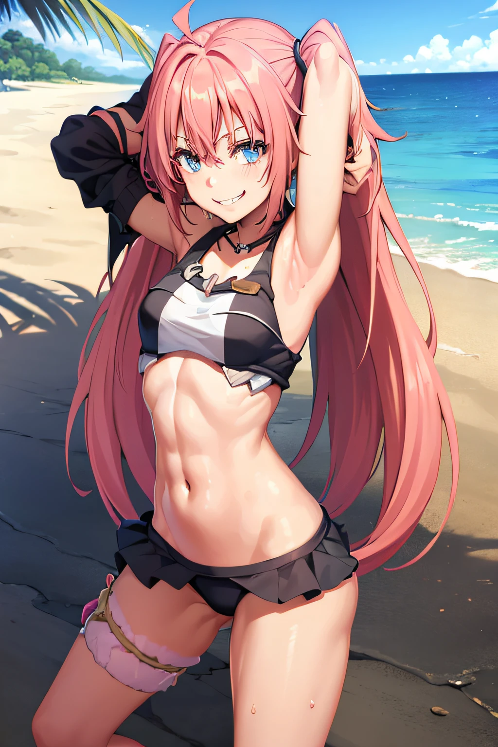 ((female)), (very messy hair), (happy smile), fangs, ((ripped abdomen)), toned arms and legs, small breasts, excessive sweating, (summer beach scene), standing with hands at the waist, blue eyes, yacht in the background,