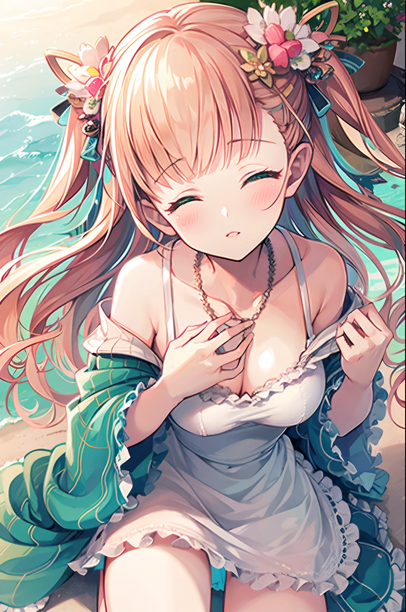 lisa rottlander, 8k, ultra-detailed, Masterpiece, best quality, green eyes, blonde hair, hair ornaments, long hair, middle chest, perfect lighting, sea side town, day, summer dress, ((close up lips)), (portrait), bokeh, closed eyes, kissing to viewer, (blush), happy