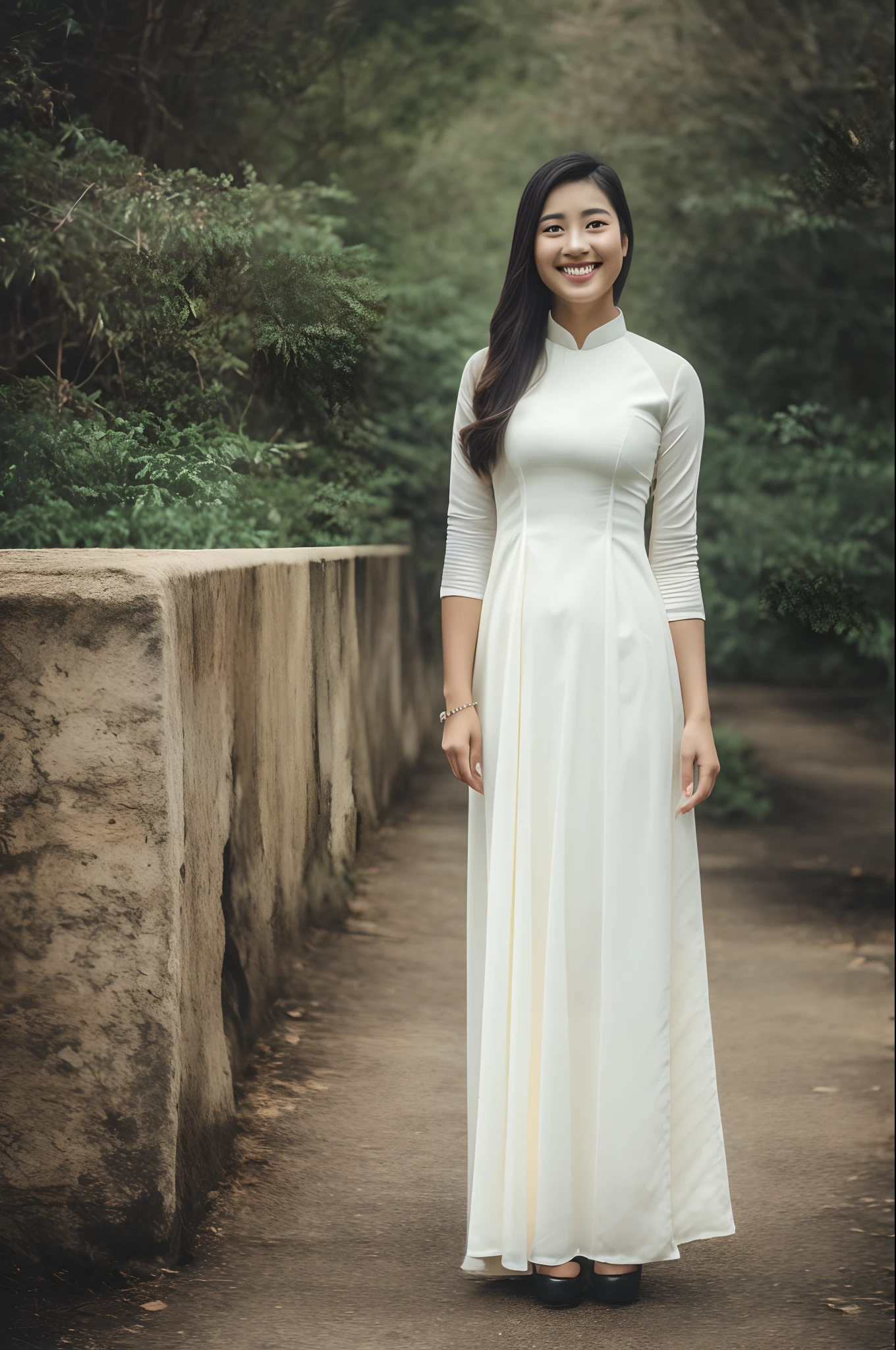 1girl, aodai  skinny, BREAK depth of field, film grain, wrinkled skin, looking at viewer, knee, warm smile, (upper body) masterpiece,ultra realistic,32k,extremely detailed CG unity 8k wallpaper, best quality