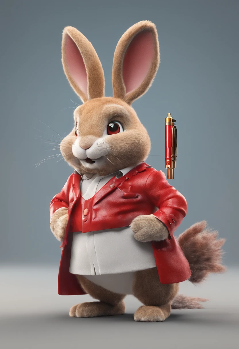 A highly detailed 3D model of an animal mascot, a rabbit, with red eyes, standing upright, holding a vape pen, in the best quality possible. The lighting should be vibrant and dynamic, with an HDR effect to enhance the colors and vividness. The smoke from the vape pen should create a trail of smoke that adds an atmospheric touch to the scene. The overall image should have a portrait-like quality, capturing the intricate details of the rabbit's fur and features.
