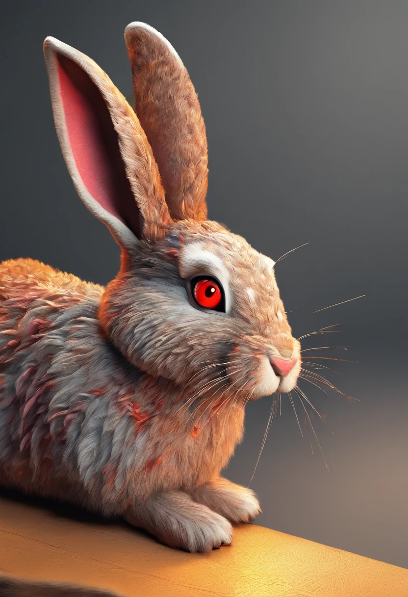A highly detailed 3D model of an animal mascot, a rabbit, with red eyes, standing upright, holding a vape pen, in the best quality possible. The lighting should be vibrant and dynamic, with an HDR effect to enhance the colors and vividness. The smoke from the vape pen should create a trail of smoke that adds an atmospheric touch to the scene. The overall image should have a portrait-like quality, capturing the intricate details of the rabbit's fur and features.