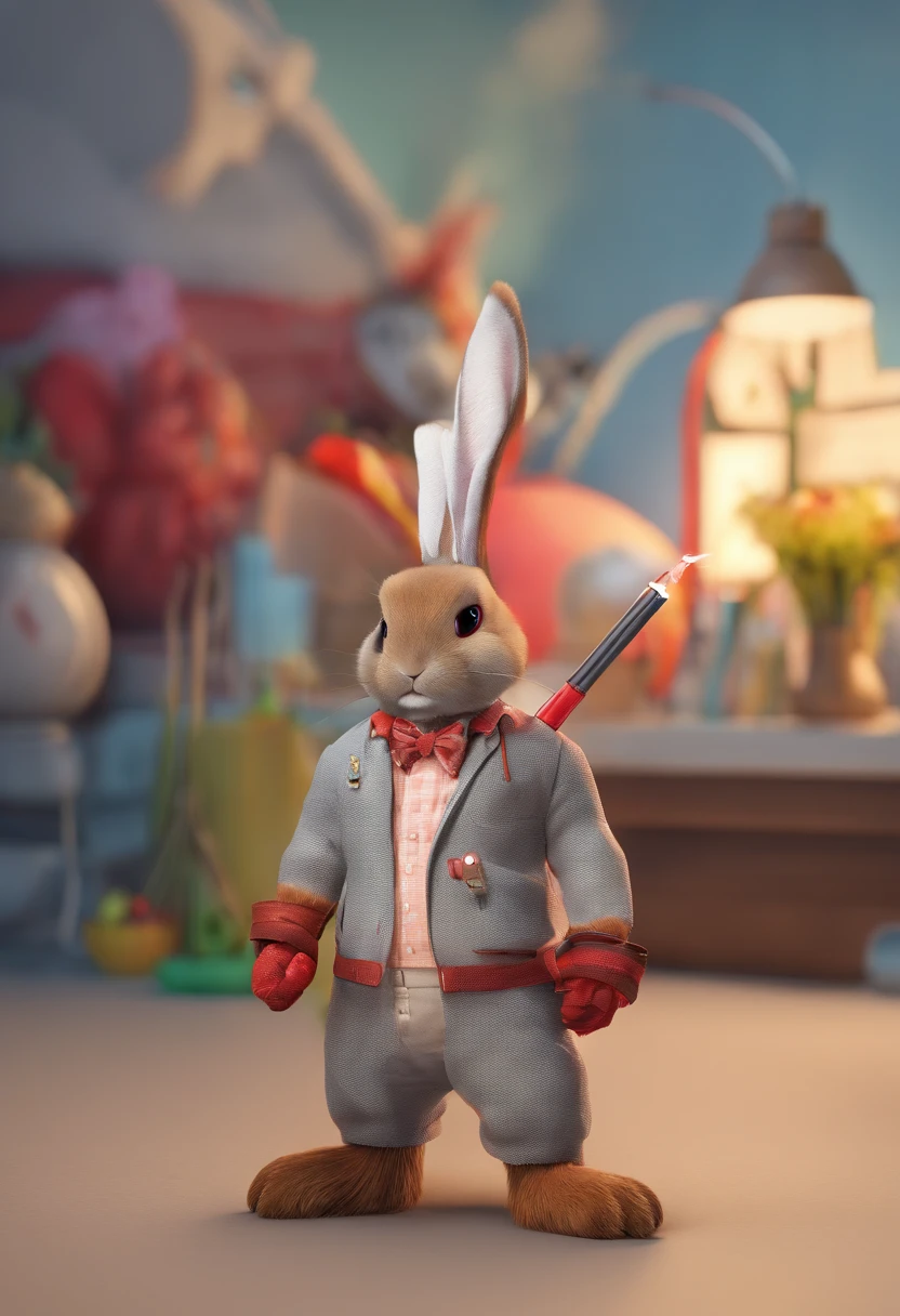 A highly detailed 3D model of an animal mascot, a rabbit, with red eyes, standing upright, holding a vape pen, in the best quality possible. The lighting should be vibrant and dynamic, with an HDR effect to enhance the colors and vividness. The smoke from the vape pen should create a trail of smoke that adds an atmospheric touch to the scene. The overall image should have a portrait-like quality, capturing the intricate details of the rabbit's fur and features.