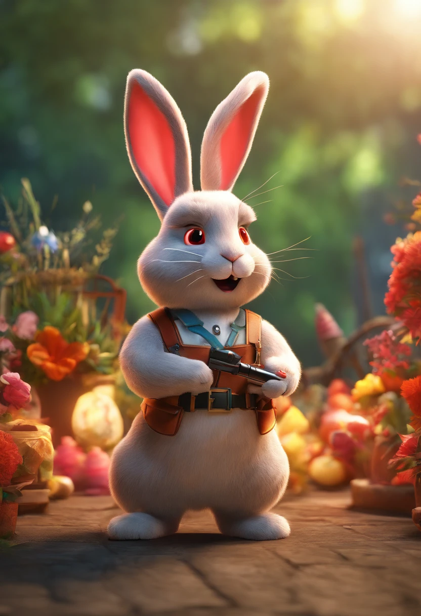 A highly detailed 3D model of an animal mascot, a rabbit, with red eyes, standing upright, holding a vape pen, in the best quality possible. The lighting should be vibrant and dynamic, with an HDR effect to enhance the colors and vividness. The smoke from the vape pen should create a trail of smoke that adds an atmospheric touch to the scene. The overall image should have a portrait-like quality, capturing the intricate details of the rabbit's fur and features.