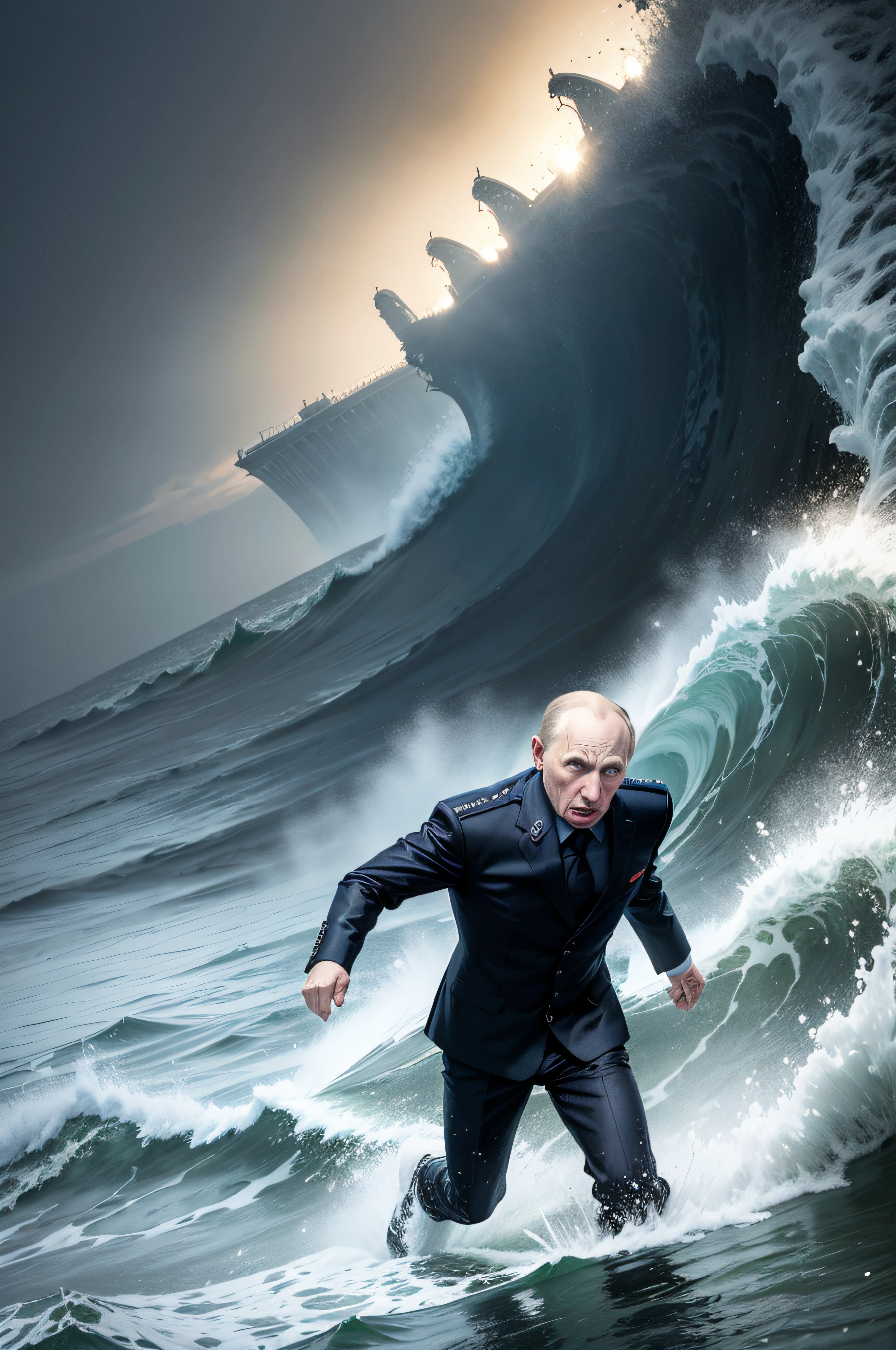Vladimir Putin flees in panic from the tsunami in the city