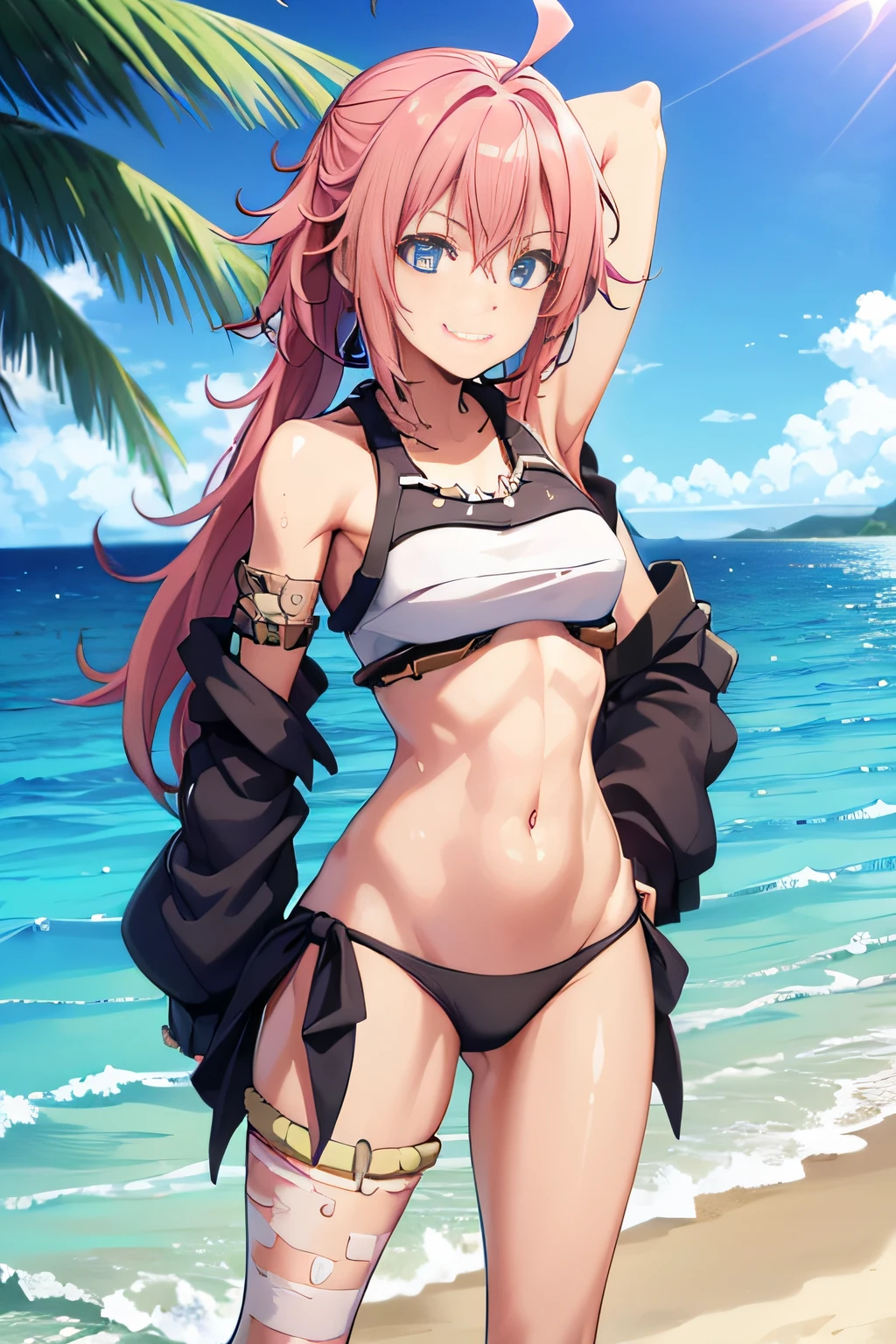 ((female)), (very messy hair), (happy smile), fangs, ((ripped abdomen)), toned arms and legs, small breasts, excessive sweating, (summer beach scene), standing with hands at the waist, blue eyes, yacht in the background,