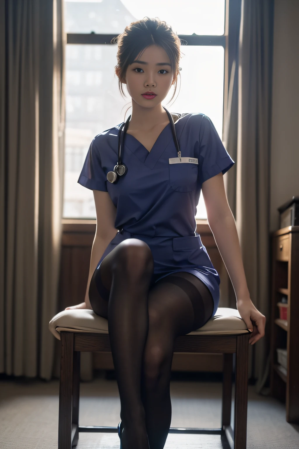 (full bodyesbian:1.5),(1girll:1.3),(view the viewer:1.4),(anatomy correct:1.4),(Sit on top of the hill:1.2),(Wear a nurse suit:1.2),(Opaque pantyhose:1.3),( Girls pointed-toe thick heels :1.1),(Accurate and perfect face:1.3),(Long legs:1.3),hyper HD, Ray traching, reflective light, structurally correct, Award-Awarded, High detail, Fade shadow contrast, Face lighting ,Cinematic lighting, Masterpiece, super detailing, High quality, High detail, Best quality, 16k,High contrast,