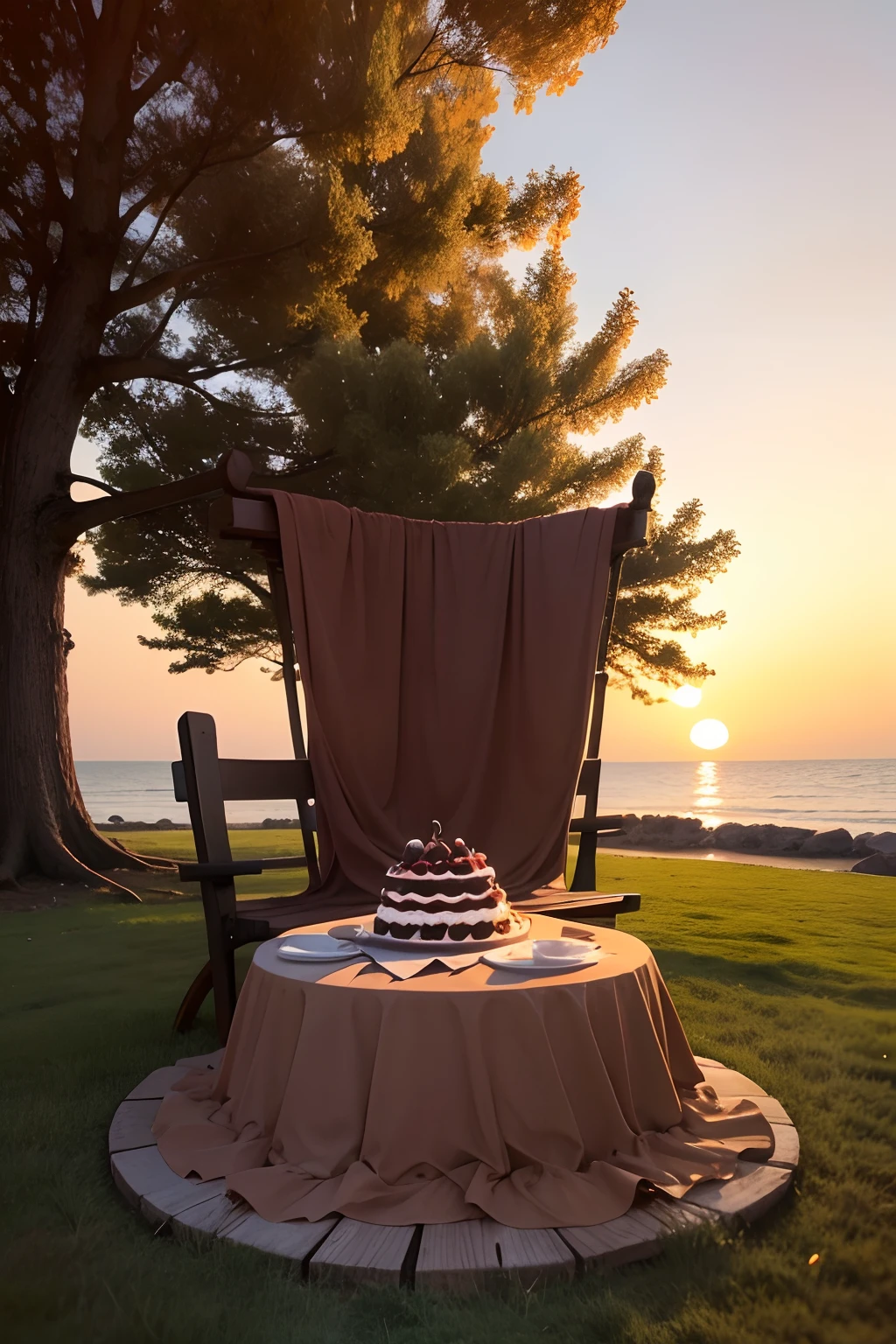 Chocolate Cake, Chute du chocolat, Near a tree, on the grass, coucher de soleil,