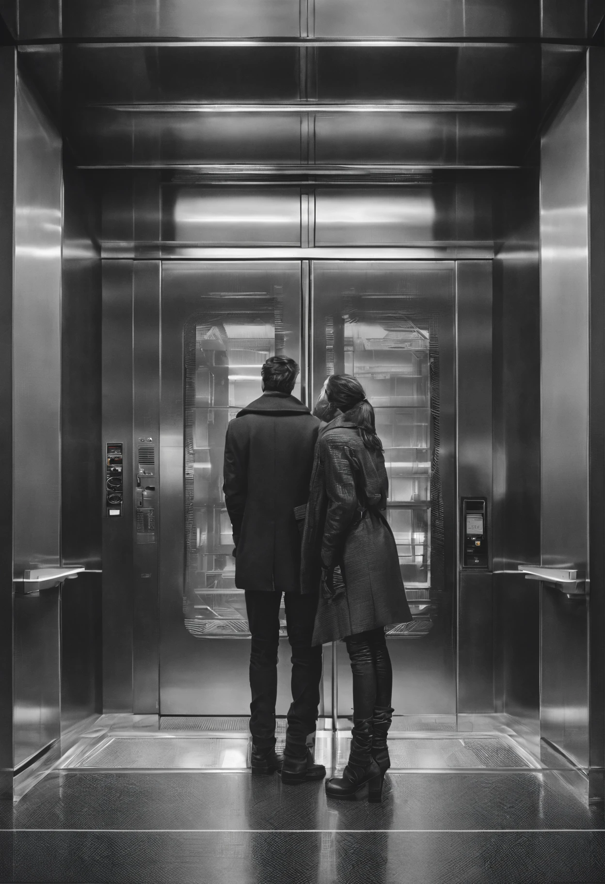 arafed man and woman standing in an elevator talking, a stock photo by Emanuel Witz, pexels, renaissance, in an elevator, group of people in an elevator, looking at each other mindlessly, dark people discussing, 😭🤮 💔, emotional conflict, arguing, elevator, stock photo, motivational, thought provoking, male and female