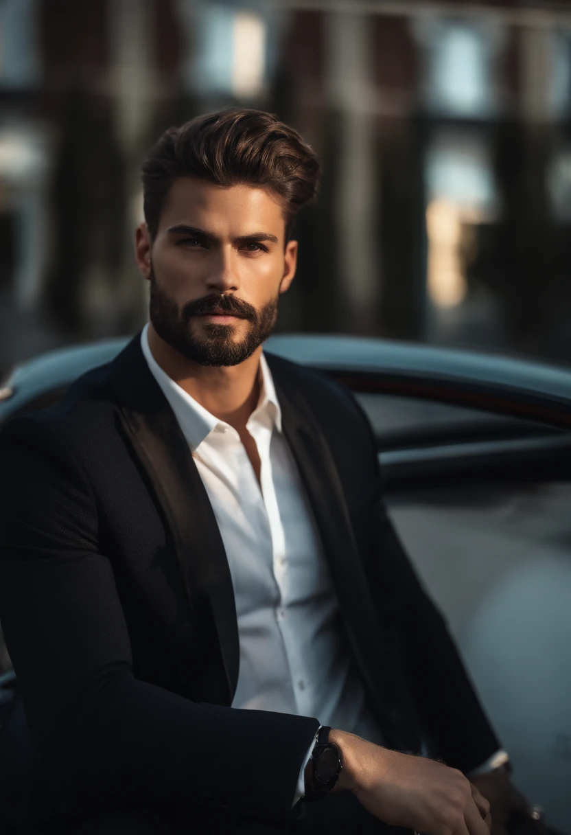 corps entier, Almost frontal realistic photo of handsome man's body, photo realist, Grand, en forme, 3 piece suit (30 ans:1.1), (barbe normal:1.2), (cheveux bruns courts :1.5),(cheveux courts, Clear hair:1.6). Bodycon suit in dark blue, veste ouverte, main baland:1.3). (posing outside a mansion), Cold and dark sunset at dusk, (Edge Light:1.1),(Concentrez-vous sur les yeux bleu), (Regard fier), (hard light on the skin:1.2), (ombres dures, dark themed, Contraste profond:1.1), Dark mint theme and choral aesthetics, (skin imperfections)