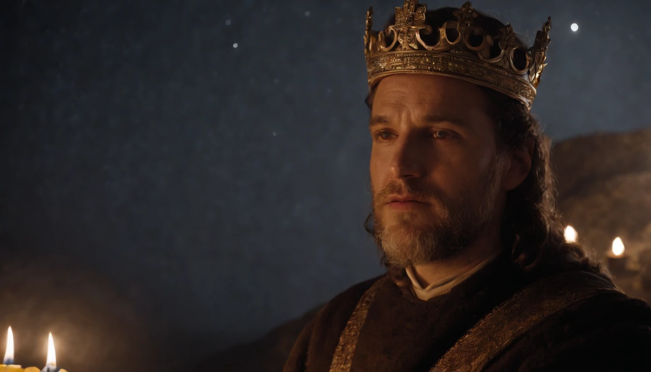 :
"In a moment of adversity, King David faces a crisis that tests his faith and devotion. As he prays under the starlit sky, his resolute determination shines amidst a backdrop of doubt and uncertainty."