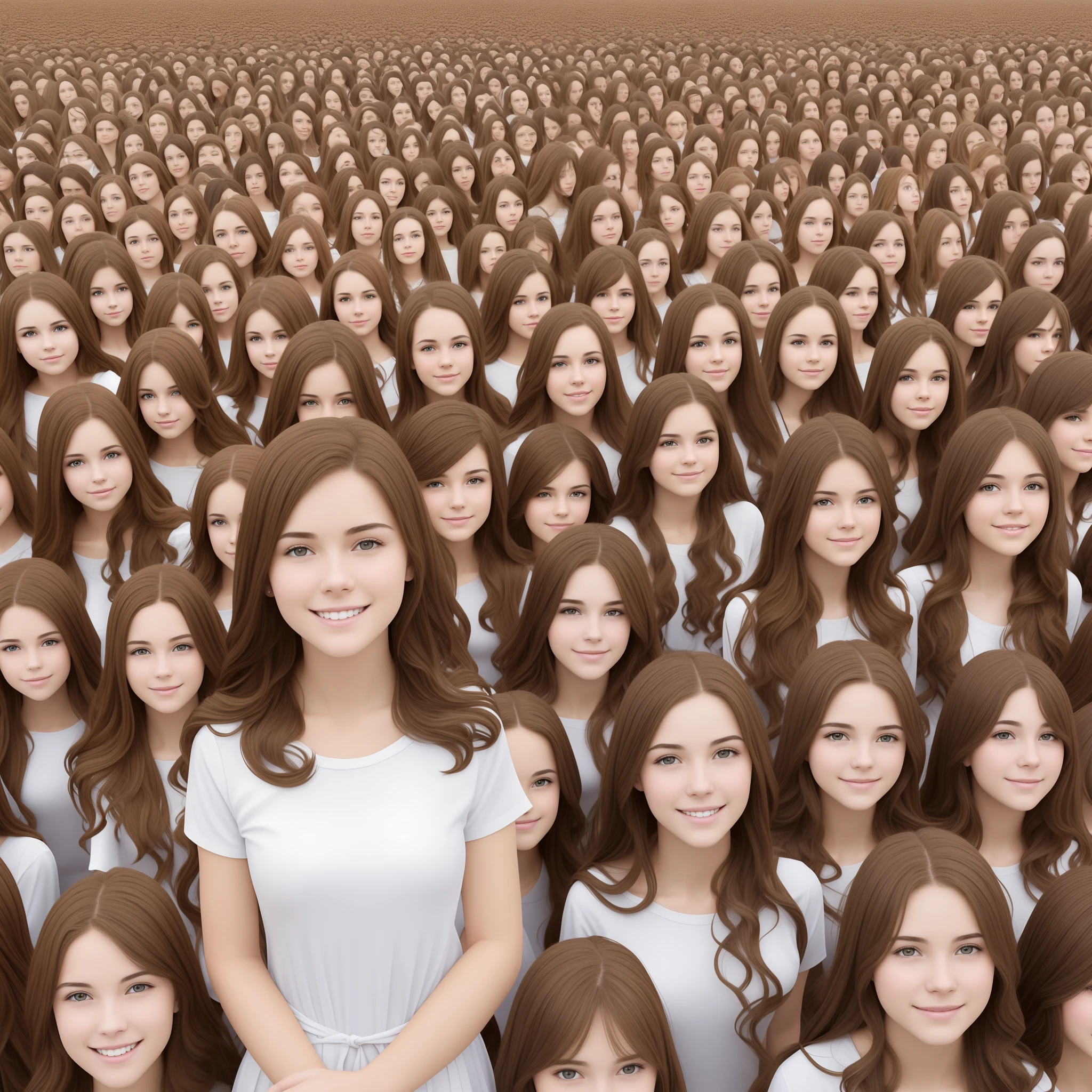 Brown haired young adult woman smiling and standing in rows with millions of clones of herself, happy birthday, birthday hats, pale skin, wavy hair, best quality --auto